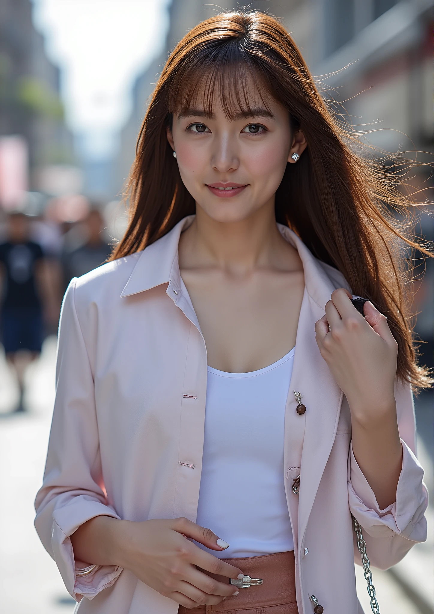 Masterpiece Casual Cosplay Moments, Amazing Model of a Street Walking Character Outfit, Perfect Body Composition, Professional Street Lighting, Sharp Outfit Details, Friendly 3:Four Framing、beautiful face、smiles dazzling、cleavage、Hair Fluttering in the Wind