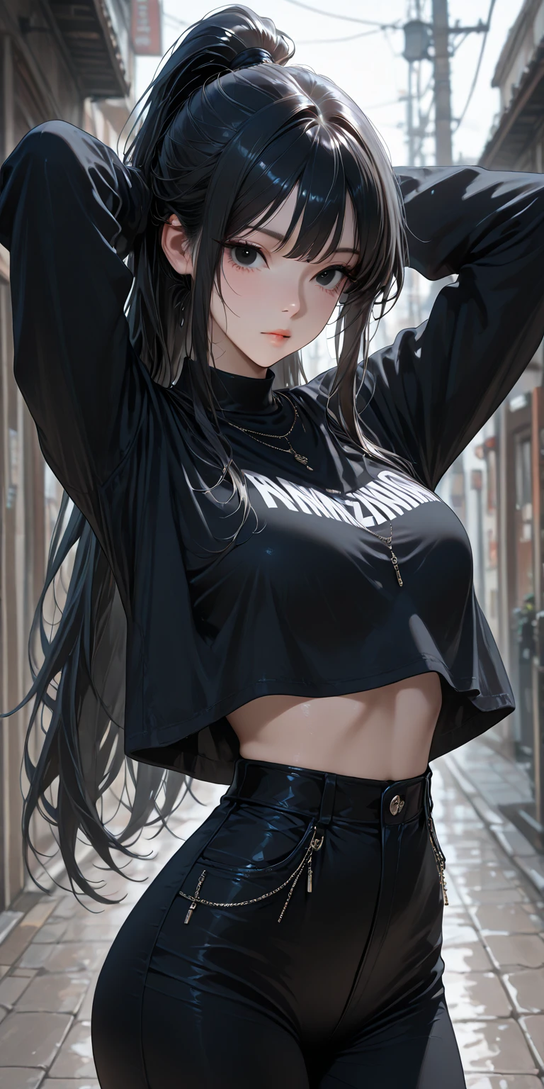 Beautiful girl, black hair, wet skin, sweat, abs, , , ,