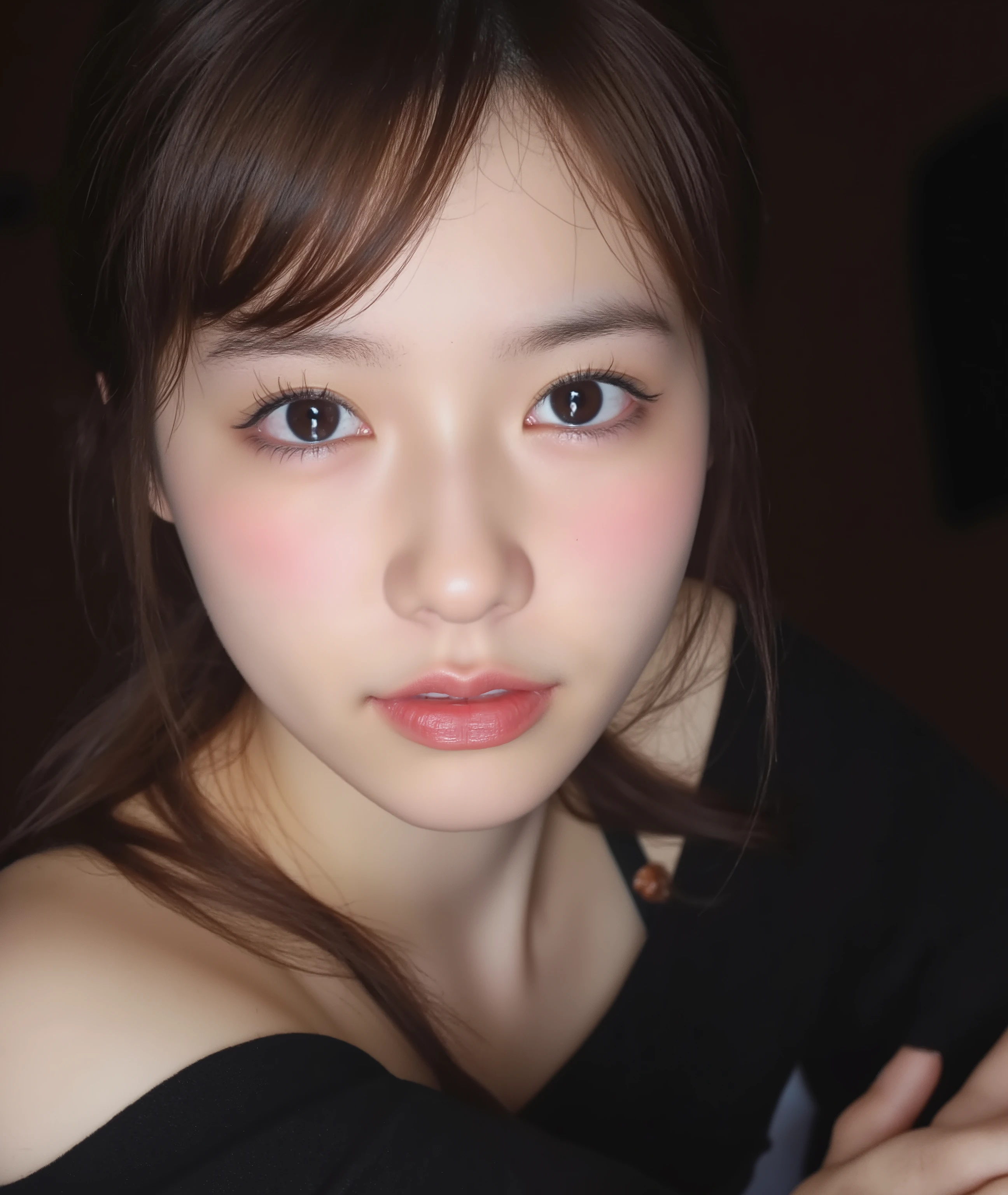 The image is a close-up photograph of a young Asian woman with a fair complexion. Her face dominates the frame, occupying the majority of the image, with her eyes, nose, and lips prominently visible. She has large, almond-shaped eyes with long, thick eyelashes, and her skin is smooth and soft. Her lips are full and slightly parted, revealing a natural, rosy hue. She wears a small silver stud earring in her left ear, adding a subtle touch of personal style.

Her hair is long, dark brown with subtle highlights, and it partially covers her forehead, giving a slightly tousled, casual look. The background is out of focus, but it appears to be a dark, possibly indoor setting, which emphasizes her face and provides a stark contrast to her light complexion. She is wearing a black garment, possibly a top or a sleeve, which is visible at the bottom of the image. The overall mood of the photograph is intimate and personal, capturing a candid moment with a natural, unfiltered aesthetic.