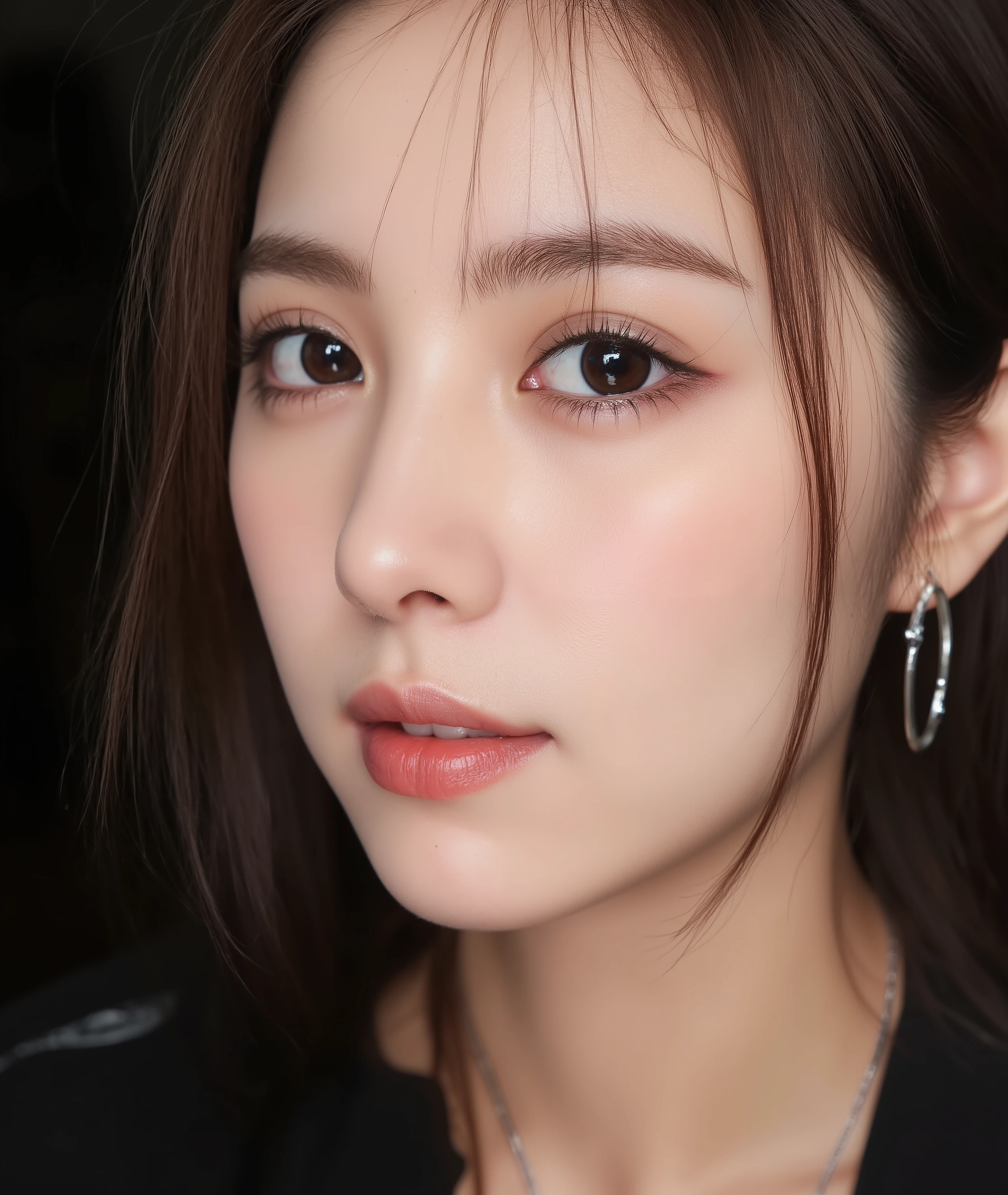 The image is a close-up photograph of a young Asian woman with a fair complexion. Her face dominates the frame, occupying the majority of the image, with her eyes, nose, and lips prominently visible. She has large, almond-shaped eyes with long, thick eyelashes, and her skin is smooth and soft. Her lips are full and slightly parted, revealing a natural, rosy hue. She wears a small silver stud earring in her left ear, adding a subtle touch of personal style.
Her hair is long, dark brown with subtle highlights, and it partially covers her forehead, giving a slightly tousled, casual look. The background is out of focus, but it appears to be a dark, possibly indoor setting, which emphasizes her face and provides a stark contrast to her light complexion. She is wearing a black garment, possibly a top or a sleeve, which is visible at the bottom of the image. The overall mood of the photograph is intimate and personal, capturing a candid moment with a natural, unfiltered aesthetic.