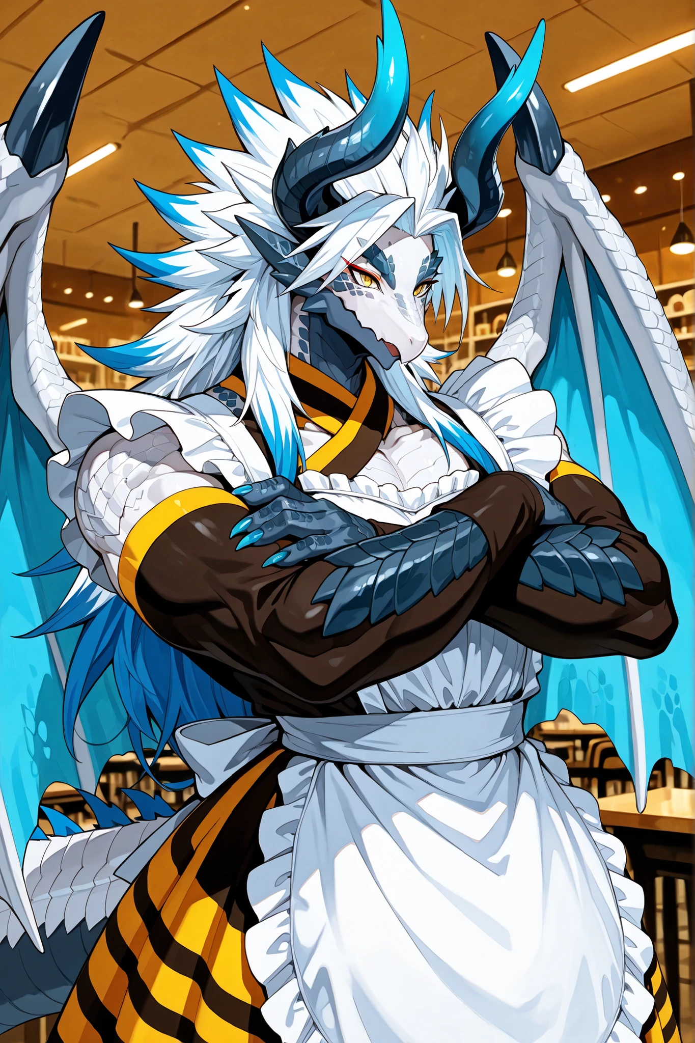 best quality,4g1typ3,Batzz,,Dragon, solo, male focus, white body, blue tails, muscular, white hair with blue tips, Maine, long hair, tailed hair, long face, horns, blue nail, Dragon boy, tail, big wings, yellow eyes, eye shadow, eyeliner, makeup, dragon boy, scaly, scales, white face, horns back, maid dress, bee maid dress colors, long armwear striped between black and yellow, cafeteria background, arms without scales