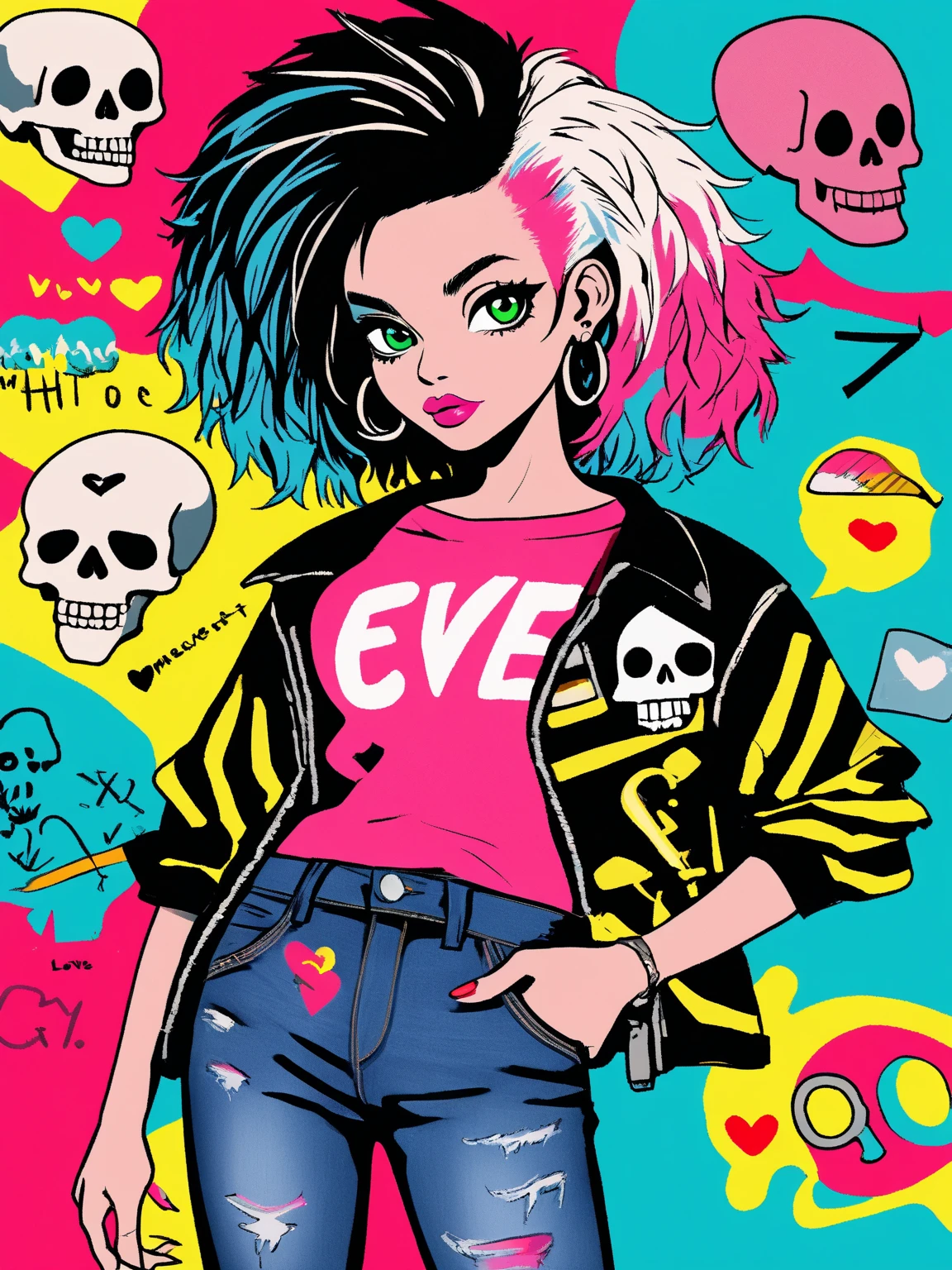 (1girl),large , , tan, dewy skin, sweaty skin, wavy blonde hair, punk tshirt, t-shirt with a word punk girl