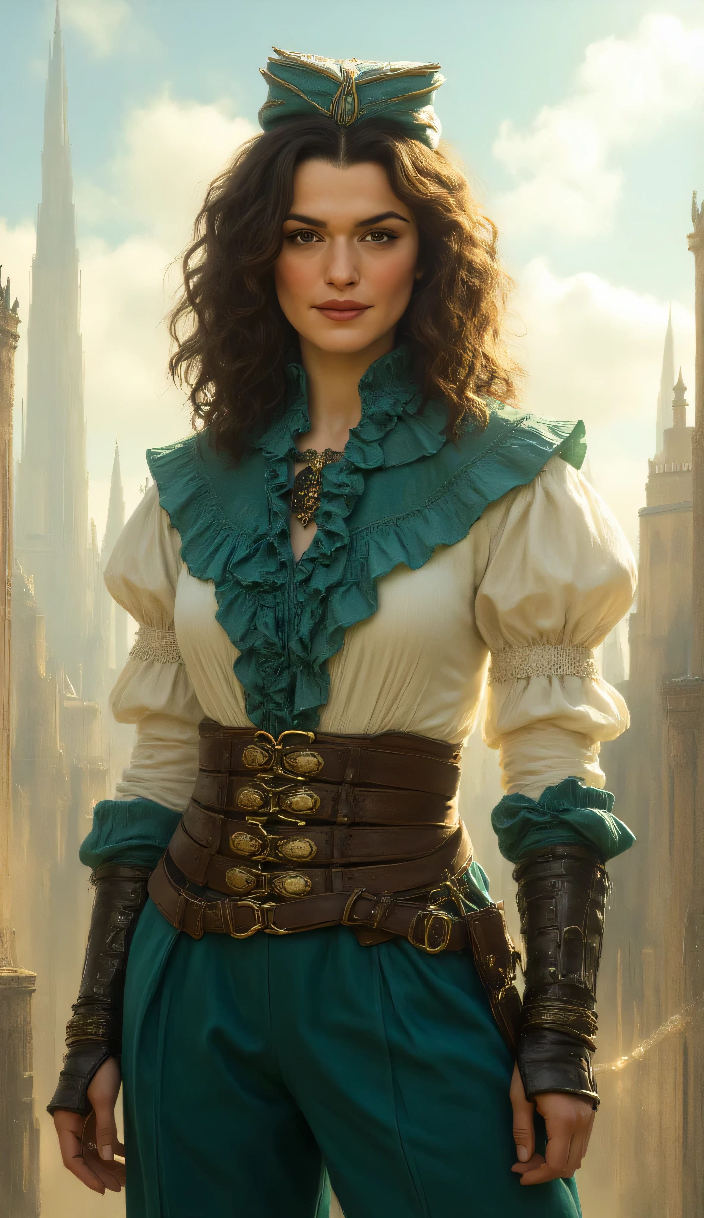 Rachel Weisz as Neve Gallus, Dragon Age, fantasy full body portrait, confident mage, standing, sunlit city, tall stone towers in the background, wavy hair, calm intelligent expression, wears a stylish white blouse with puffed sleeves, teal ruffled shirt underneath, high-waisted teal pants, wide leather belt with metal buckles, decorative bracers, unique square hat, soft and golden lighting, late afternoon sky with light clouds, semi-realistic fantasy art style, oil painting texture, rich color palette, detailed fabric rendering