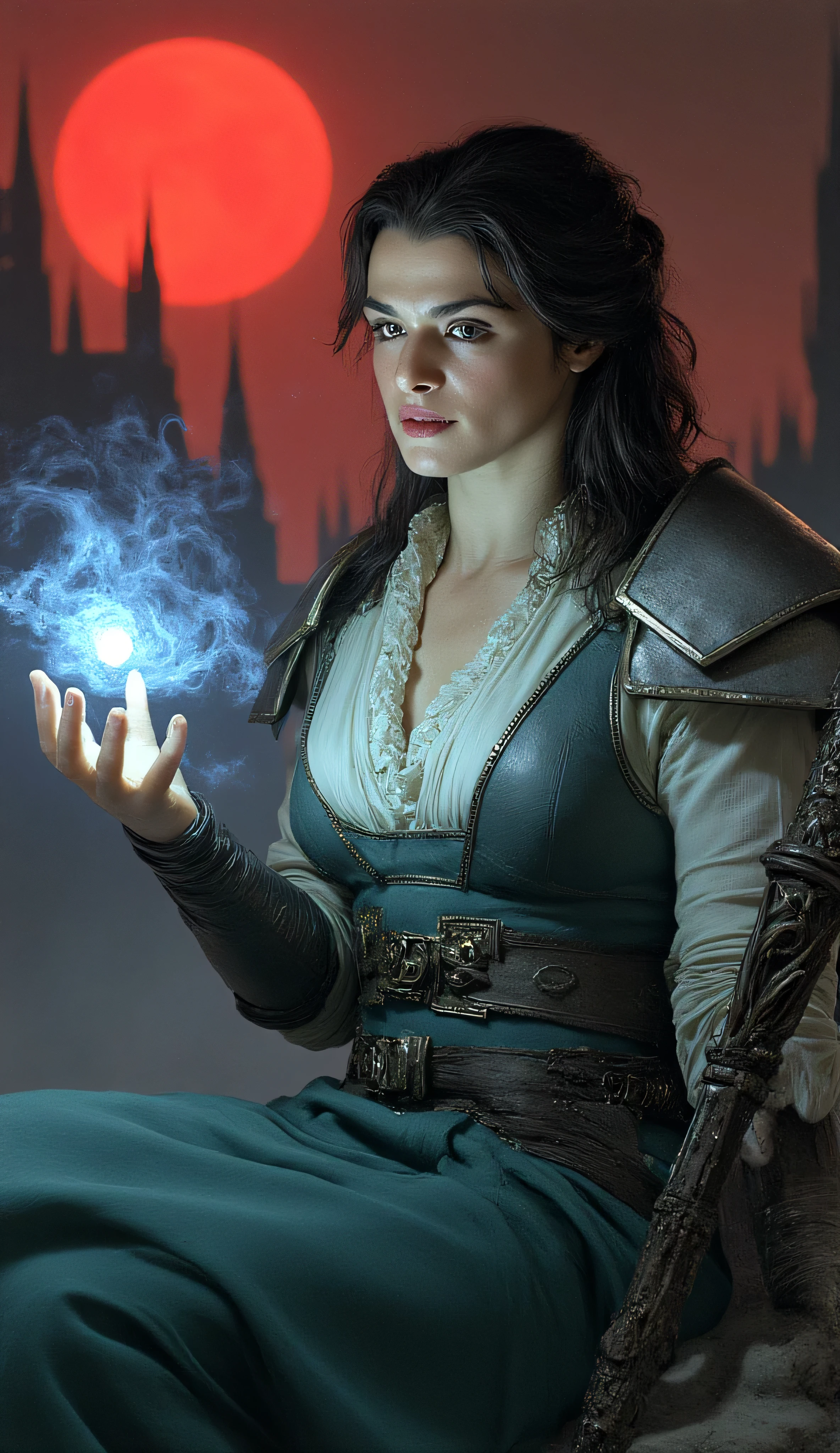 Rachel Weisz as Neve Gallus, Dragon Age, fantasy full body portrait, dark fantasy illustration, mage, sitting, looking at viewer, in profile, holding a glowing magical staff surrounded by swirling mist, wears layered armor, metallic shoulder plates, high collar, stylish white blouse with puffed sleeves, teal ruffled shirt underneath, high-waisted teal pants, wide leather belt with metal buckles, decorative bracers, unique square hat, , calm and focused expression, studies a small glowing orb in her hand, red moon rising over dark gothic spires and twisted towers, dramatic lighting, warm red sky, cool silver-blue magic, cinematic atmosphere, painterly fantasy art style, detailed, moody composition