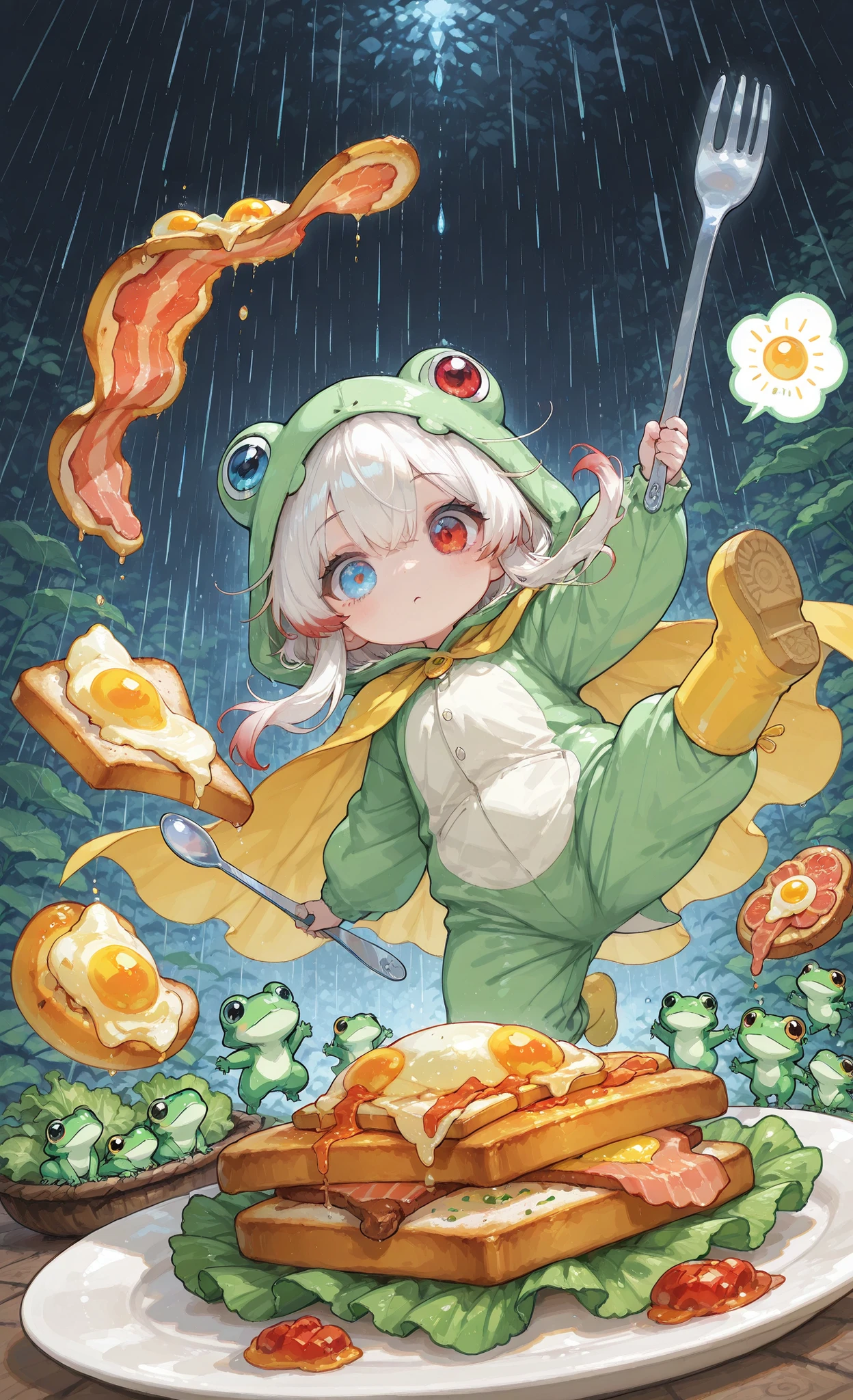 masterpiece, best quality, ultra-detailed, whimsical illustration, dynamic composition, chibi style, 1girl, solo, pure white hair with soft gradient red tips, heterochromia crimson red right eye:1.3 and ice blue left eye:1.3, fair skin, wearing bright green frog onesie with yellow cape, yellow rain boots, falling mid-air among floating food items (fried egg, toast with jam, lettuce, tomatoes, halved boiled egg, bacon, fork, spoon), white plate at bottom, soft diffused lighting, dark blue background, watercolor style, light airy atmosphere, low angle perspective, chaotic falling scene