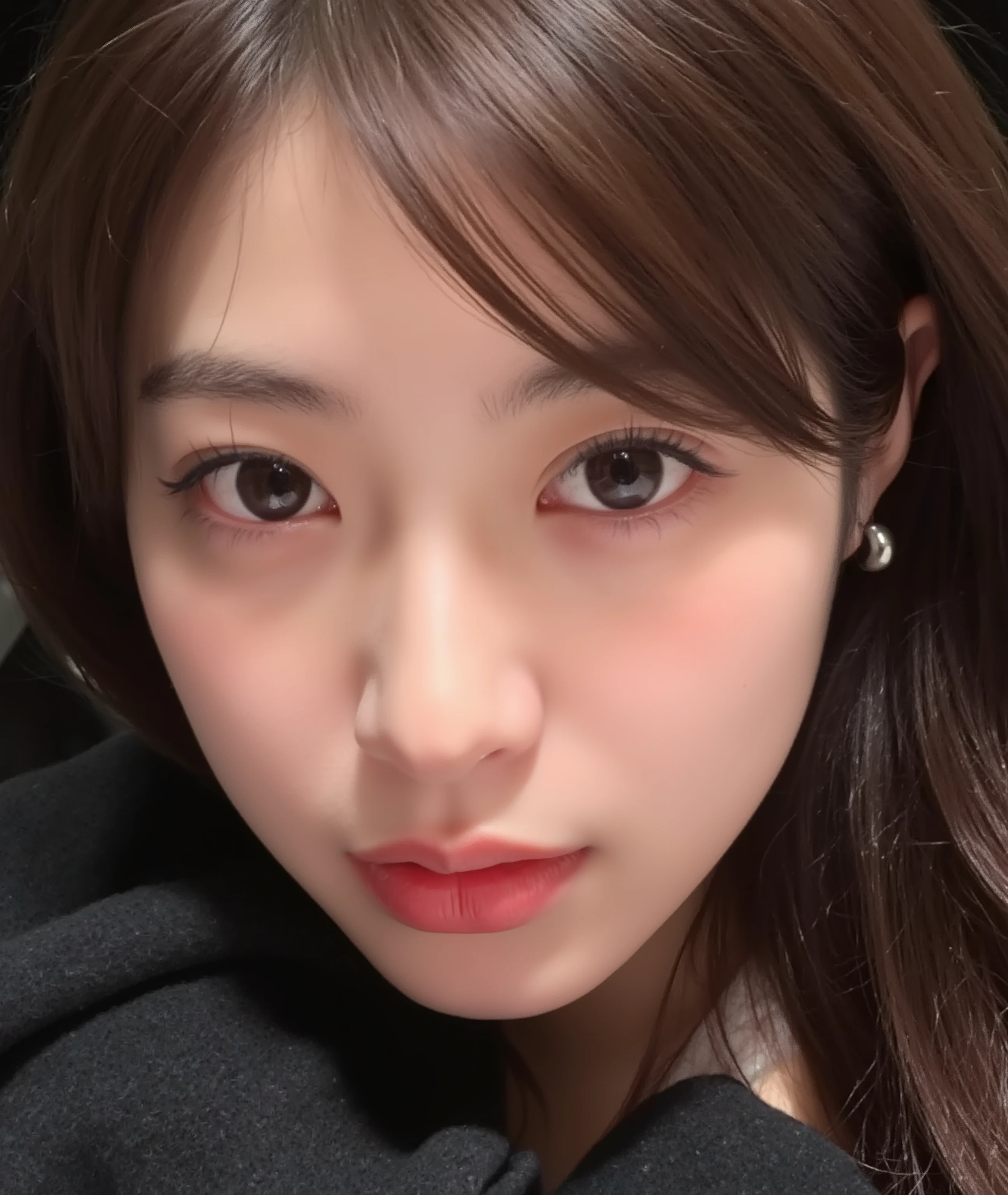 The image is a close-up photograph of a young Asian woman with a fair complexion. Her face dominates the frame, occupying the majority of the image, with her eyes, nose, and lips prominently visible. She has large, almond-shaped eyes with long, thick eyelashes, and her skin is smooth and soft. Her lips are full and slightly parted, revealing a natural, rosy hue. She wears a small silver stud earring in her left ear, adding a subtle touch of personal style.
Her hair is long, dark brown with subtle highlights, and it partially covers her forehead, giving a slightly tousled, casual look. The background is out of focus, but it appears to be a dark, possibly indoor setting, which emphasizes her face and provides a stark contrast to her light complexion. She is wearing a black garment, possibly a top or a sleeve, which is visible at the bottom of the image. The overall mood of the photograph is intimate and personal, capturing a candid moment with a natural, unfiltered aesthetic.