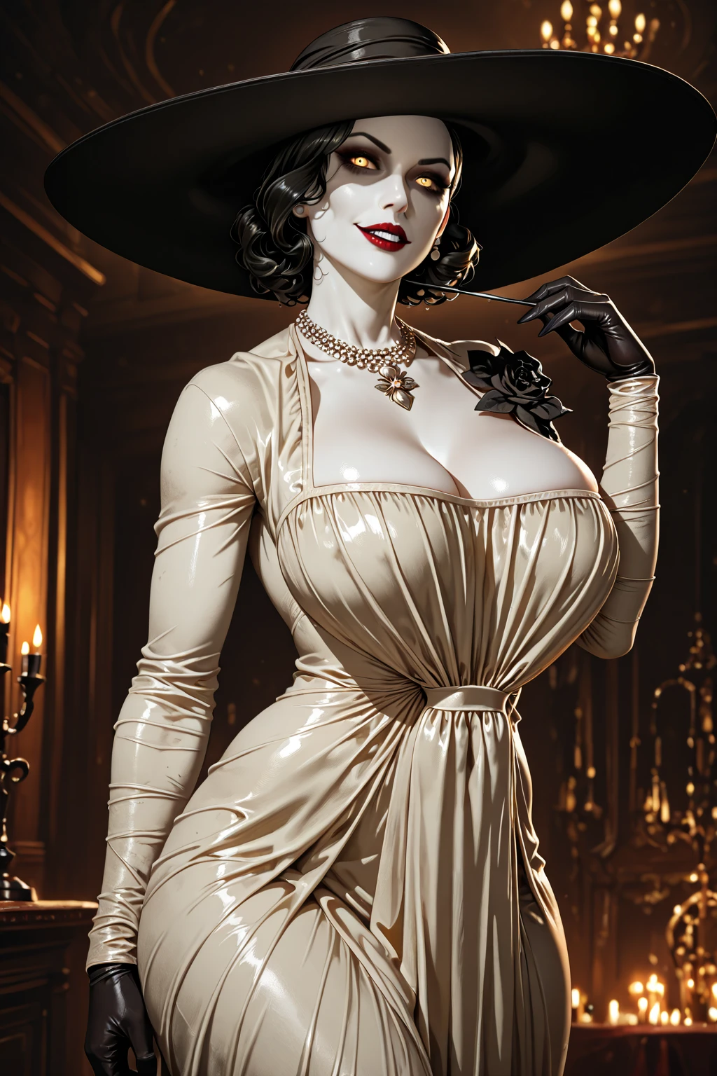 (highest quality,4K,8k,High resolution,masterpiece:1.2),Very detailed,(Realistic,photoRealistic,photo-Realistic:1.37),Beautiful mature woman,1Mom, big vampire mom, Alcina Dimitrescu,Madame Dimitrescu,length, Black hair perm,Healthy Body,

Very detailed armpit,Beautifully detailed sweat glands,Smooth skin texture,Carefully drawn,

(Big black hat,White clothes with cleavage visible,), (humidity:1.2), Beautiful Eyes, (Attractive face:1.2), (Pale skin),(Big Breasts),Sticky with sweat,In a dynamic pose,

Resident Evil World,indoor,In a candle-lit mansion,