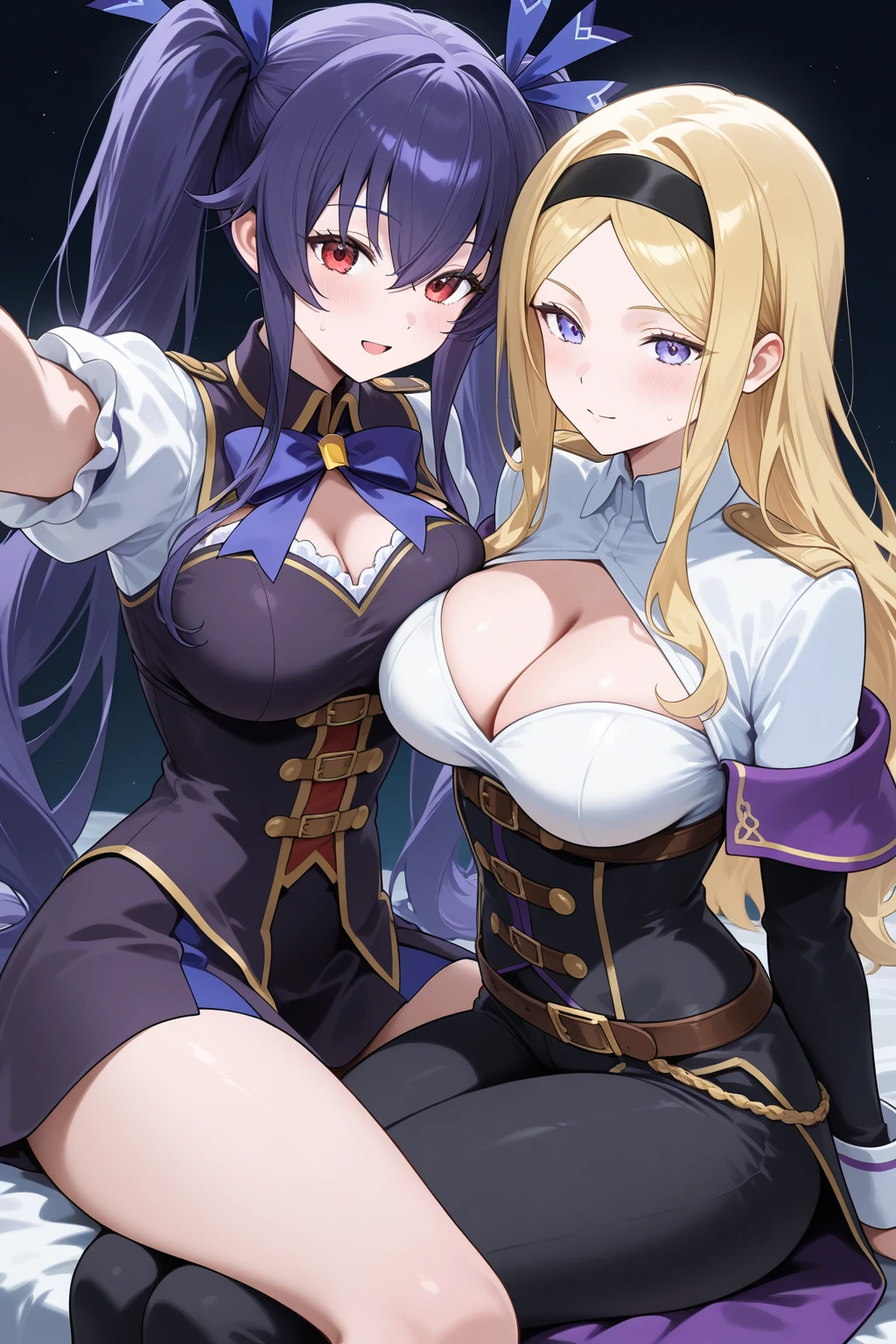 Very detailed, 2 girls seductive ?????? female face with scratches (busty, purple hair), (busty, blond hair)focused on the face, focused on the face, intricate eyes, Shogun Raiden.Navia