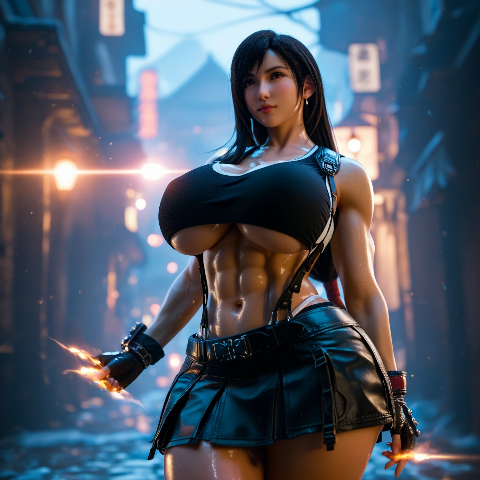 Extremely busty thin and toned brunette death metal singer, college girl, fair skin, big hair, hair pulled back, soft face, athletic, heavy makeup, piercings, black leather, studs, corset, boots, fingerless gloves, tight skirt, chains. standing on a stage, pyrotechnics, holding a microphone, metal concert. (microphone, fist in the sky), angry, rage, screaming. Heavy metal. Death metal. Explosions, fire.