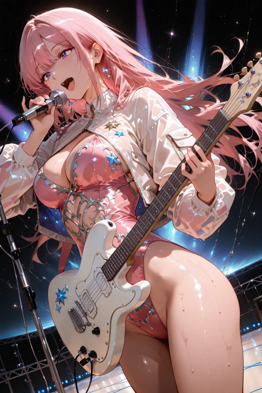 （masterpiece），（Highest quality）、（Very detailed）、（Very detailedなCG）、（Very delicate），（Perfect lighting），（8k）、（Dynamic Angle）、（Clear images）、Vibrant colors， woman、masterpiece、Highest quality、Written boundary depth、Cinema Lighting、masterpiece、Highest quality、Very detailed、colorful、Vibrant、Large Breasts、Thighature woman、alone、（masterpiece、Highest quality、High resolution、Anime Screen Capture、Anime Color）、（Perfect Anatomy、Beautiful attention to detail、Beautiful detail body、Beautiful breasts、Shiny）、Sexy mature anime woman standing outside in aswimsuit、（（bikini））、performer、look up、Side bangs、Pink Hair、The eyes are round、Long Hair、Side bangs、Large Breasts、Large Breasts、Large Breasts、woman on top
