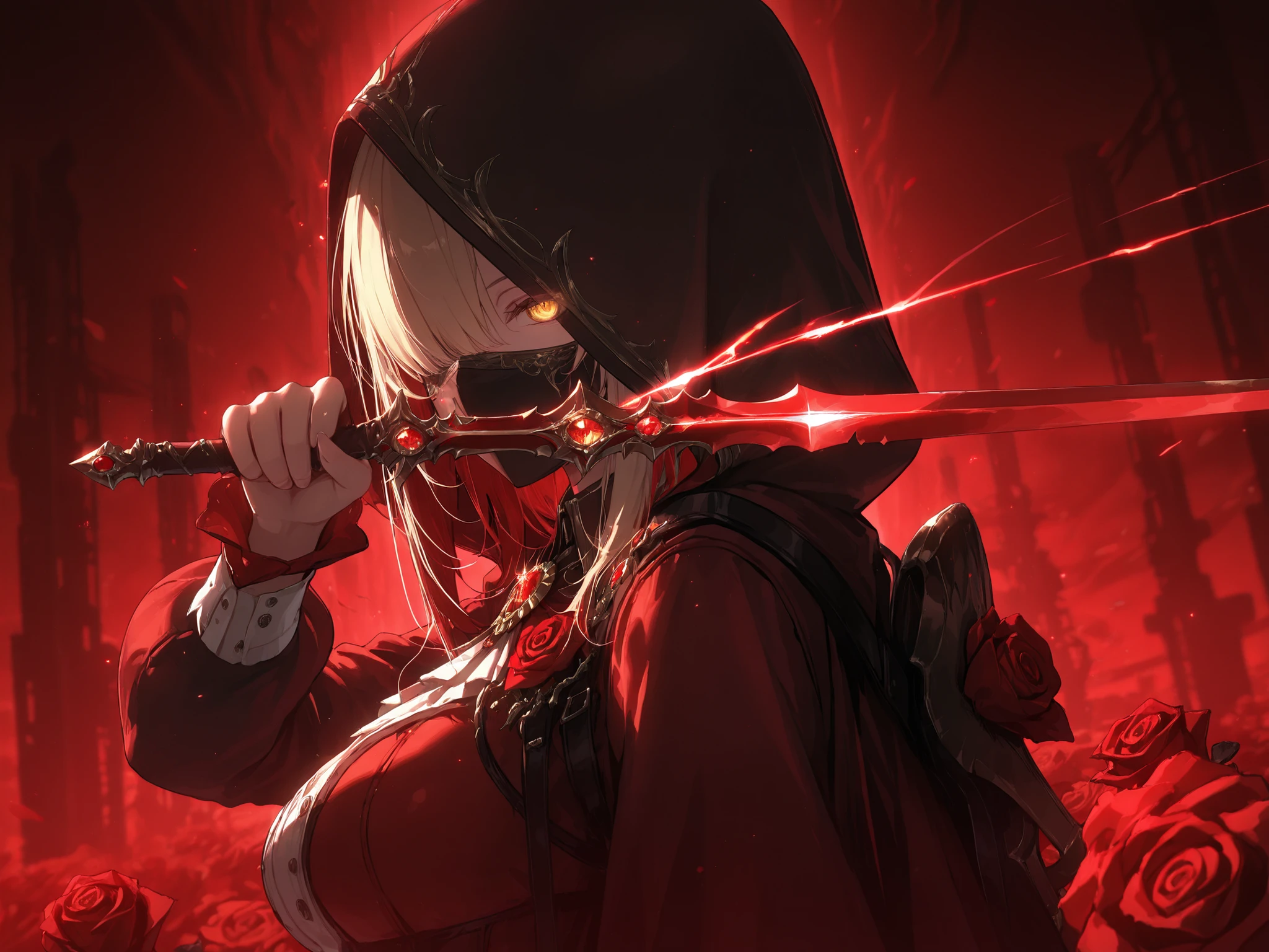 ((detailing)),1girl, solo, holding dagger, dagger, red theme, hood up, mouth mask, dynamic pose, holding,looking at viewer, eye trails, from sides, alleyways, hair over one eyes, roses brooch, sword on back, masterpiece, rose, yellow eye trail,best quality, very aesthetic, game cg, cinematic, ray tracing, volumetric