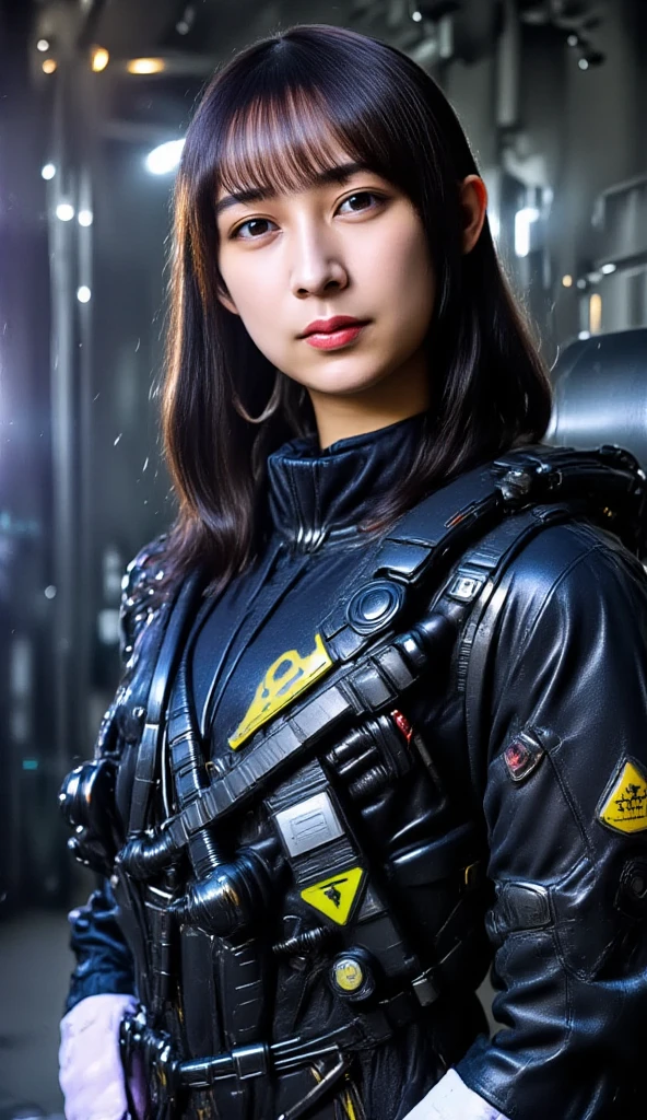 High resolution、Photorealistic、Hyperrealism、Slender body、Realistic、Beautiful Japanese Women、Black-haired、Medium Bob Hair、bangs、Detailed face、Detailed lips、Beautiful Eyes、Glowing Skin、one person、Ideal beauty、30 years old、(Big Breasts)、(The backdrop seen by the audience on stage at the show)、((((Black racing suit、I like police uniforms, Black and grey mech, Wearing a military , Has a submachine gun))))、((((Lying on the stage floor, look up、Close ~ eyes, sleep,  Unconscious、Spread your legs、Seduce)))),  ((Cowboy Shot, From below))