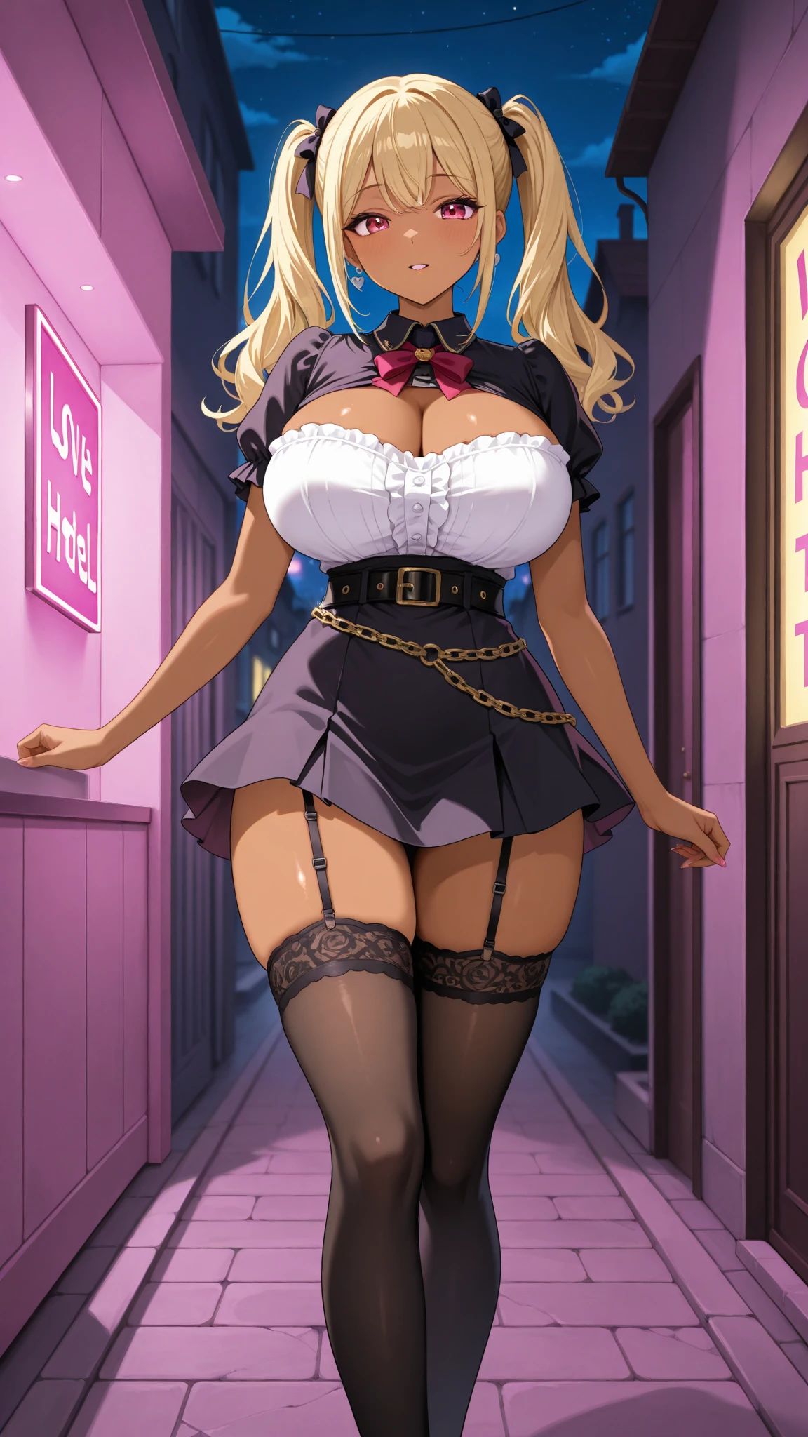 (nsfw),masterpiece,ultra detailed,sharp focus,high resolution,(night light at midnight,midnight,night,dark,:1.3),(tareme, cute girl),(curvy body),thick  thighs,gigantic breasts,high beams,seductive anime girl,(off-the -shoulder black blouse,elegant frilled blouse,boots,short flare skirt,white skirt,naughty undies:1.1),necklace,earring,(blonde hair:1.2),(peace sign,double peace:1.1),(tanned skin:1.3),(blushed:1.3),(squatting on ground,spreading legs),(at off street,back alley:1),(black armpit hair,pubic hair),(wet skin,saliva,opening mouth:1.1),,(excessive  in pussy,bukkake,cremapie:1.1),smile,,from below