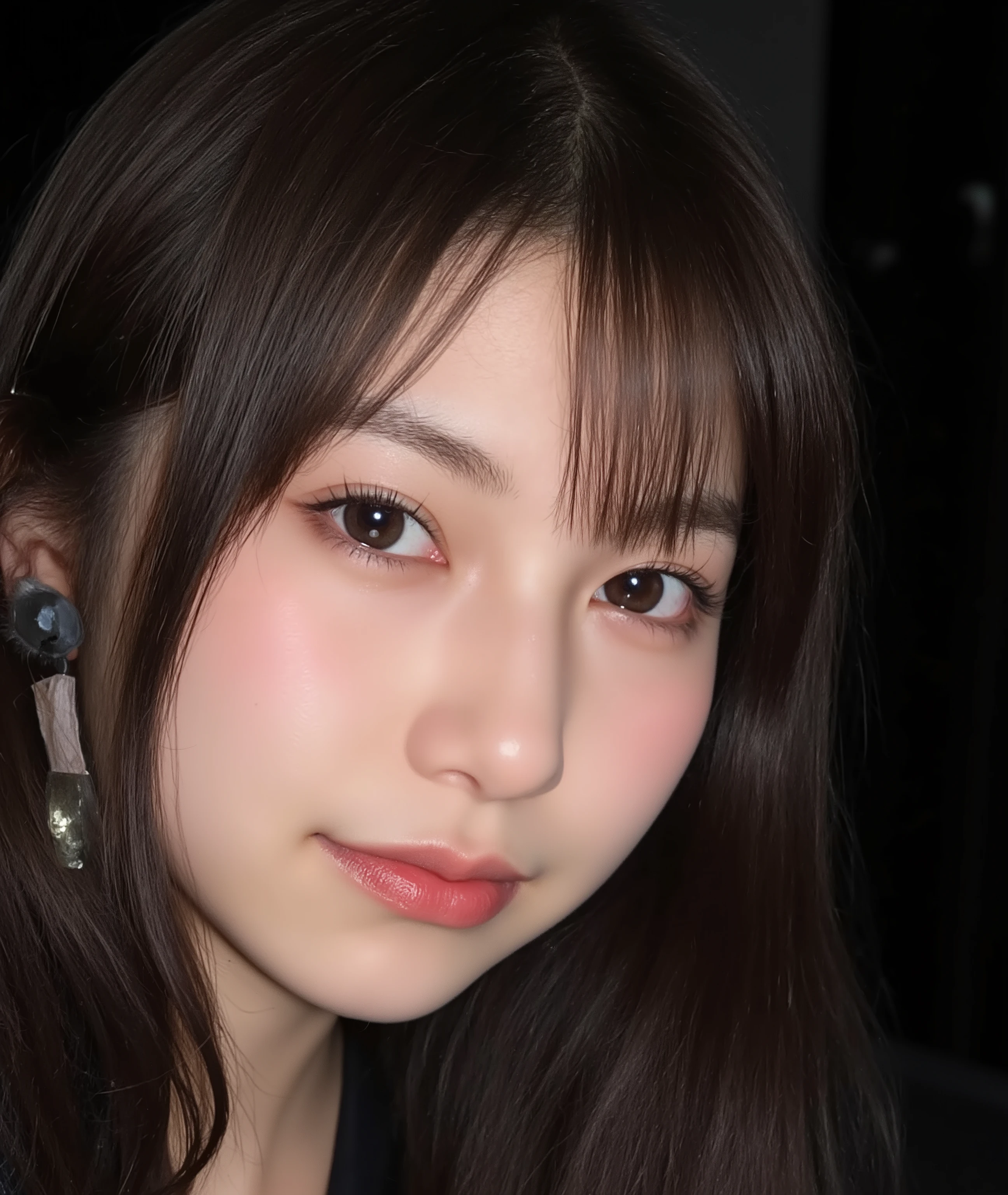 The image is a close-up photograph of a young Asian woman with a fair complexion. Her face dominates the frame, occupying the majority of the image, with her eyes, nose, and lips prominently visible. She has large, almond-shaped eyes with long, thick eyelashes, and her skin is smooth and soft. Her lips are full and slightly parted, revealing a natural, rosy hue. She wears a small silver stud earring in her left ear, adding a subtle touch of personal style.

Her hair is long, dark brown with subtle highlights, and it partially covers her forehead, giving a slightly tousled, casual look. The background is out of focus, but it appears to be a dark, possibly indoor setting, which emphasizes her face and provides a stark contrast to her light complexion. She is wearing a black garment, possibly a top or a sleeve, which is visible at the bottom of the image. The overall mood of the photograph is intimate and personal, capturing a candid moment with a natural, unfiltered aesthetic.