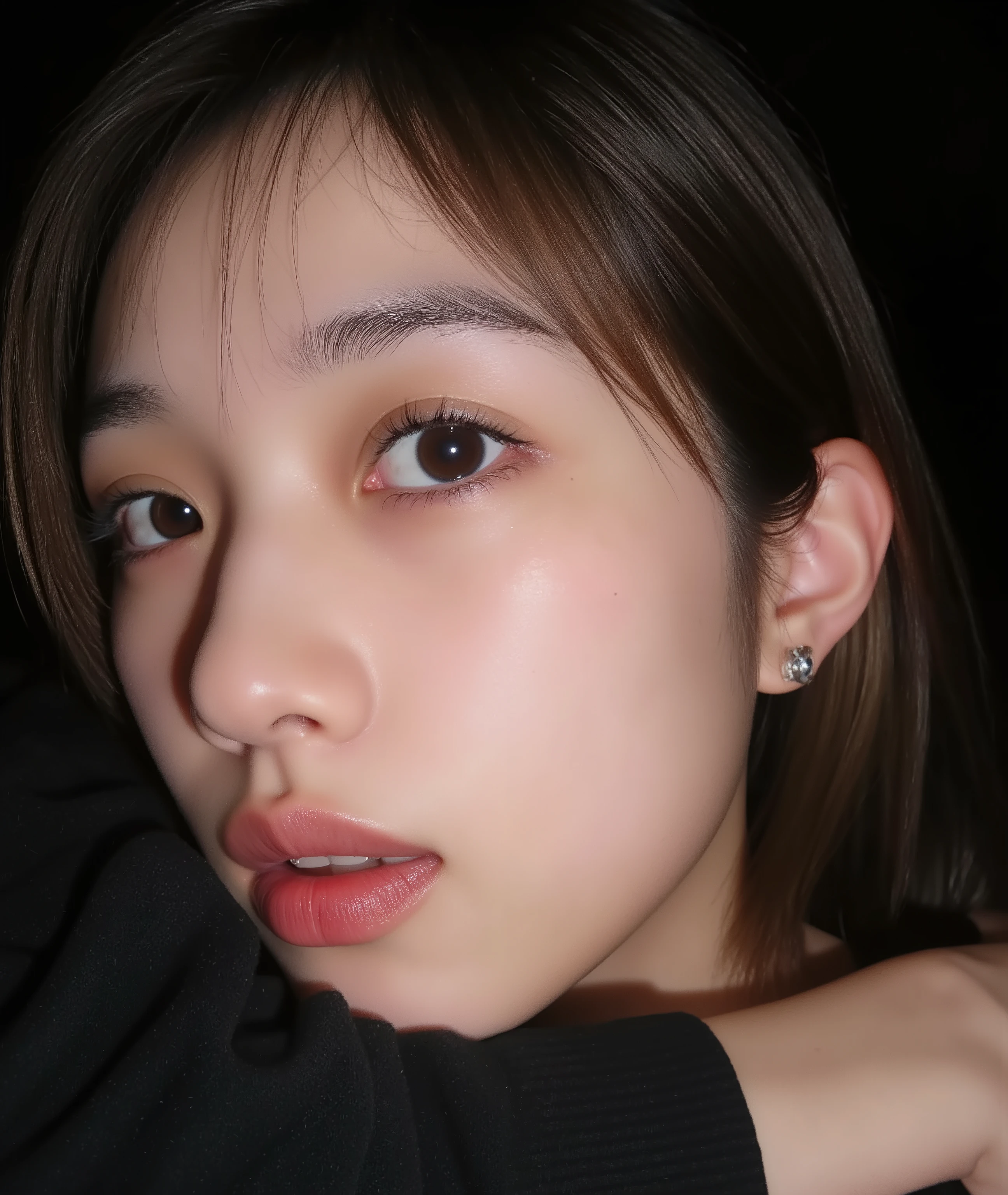 The image is a close-up photograph of a young Asian woman with a fair complexion. Her face dominates the frame, occupying the majority of the image, with her eyes, nose, and lips prominently visible. She has large, almond-shaped eyes with long, thick eyelashes, and her skin is smooth and soft. Her lips are full and slightly parted, revealing a natural, rosy hue. She wears a small silver stud earring in her left ear, adding a subtle touch of personal style.

Her hair is long, dark brown with subtle highlights, and it partially covers her forehead, giving a slightly tousled, casual look. The background is out of focus, but it appears to be a dark, possibly indoor setting, which emphasizes her face and provides a stark contrast to her light complexion. She is wearing a black garment, possibly a top or a sleeve, which is visible at the bottom of the image. The overall mood of the photograph is intimate and personal, capturing a candid moment with a natural, unfiltered aesthetic.