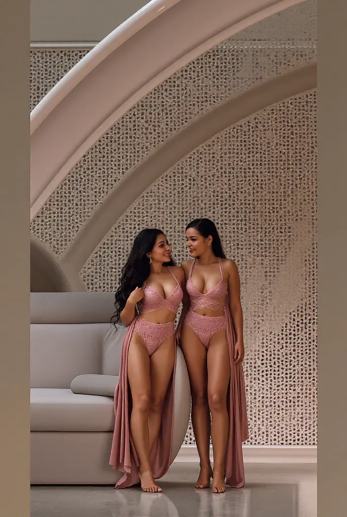 two young women posing for a picture nexto eachother, one blue hair and one brunette, arabic goddess, traditional beauty, arabic, beautiful goddess, middle eastern girl, arabic super model, beautiful, gorgeous woman, middle eastern with long, sweet shy arabic, gorgeous beautiful woman, Arabian aesthetic, beautiful middle eastern girl, extremely detailed goddess shot, jaw-dropping beauty, big  deep cleavage, , dress, spotlights behind her, full height, wearing heels, in modern apartment wearing bondage clothes, wearing buds clothes