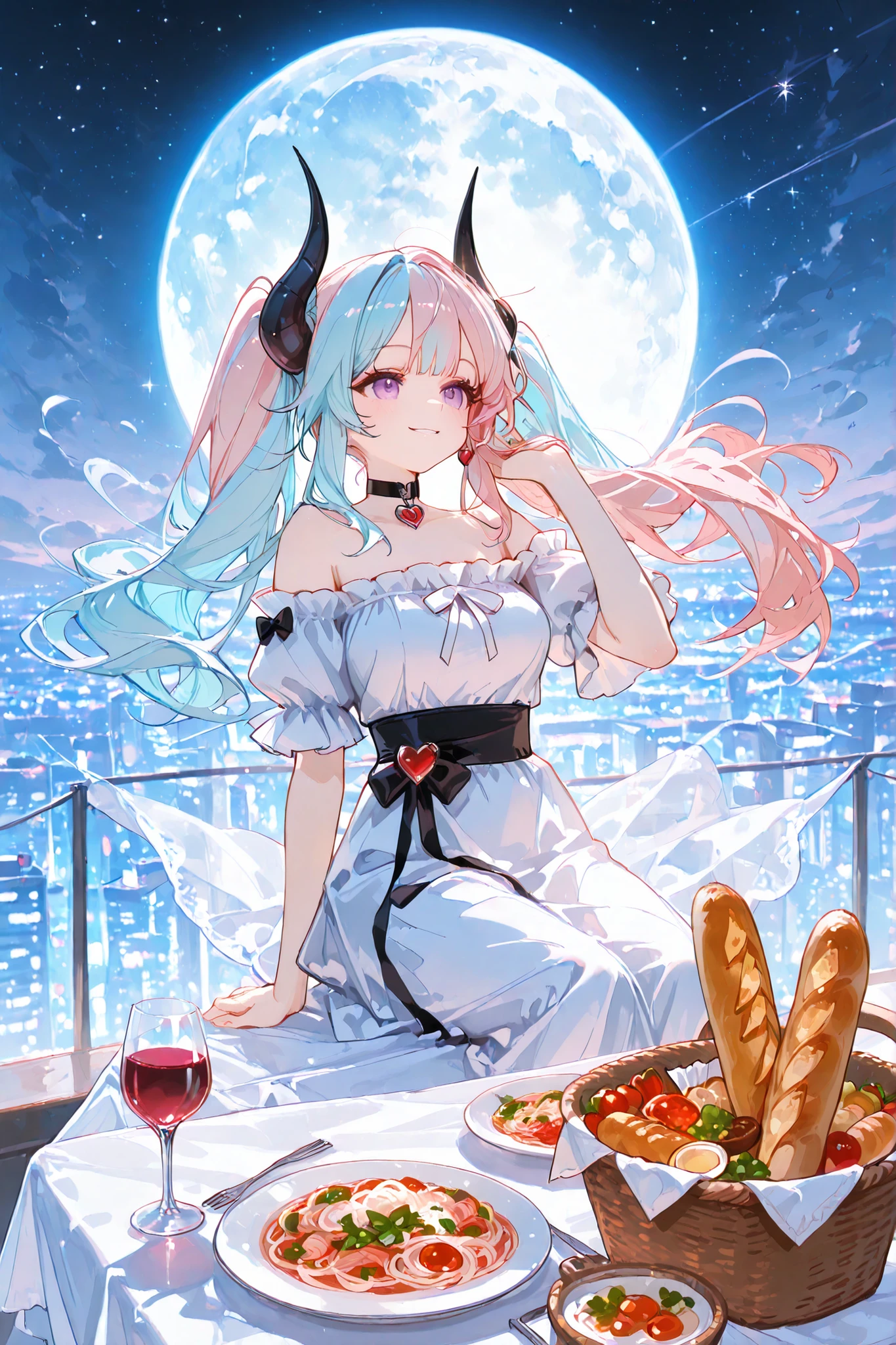 (masterpiece, best quality, ultra-detailed, 8k, cinematic moonlight),
1girl, ((purple eye)), ((two-tone hair, pink hair, light blue hair)), twin tails, (black horn), (heart charm choker),
(giant full moon),
romantic night sky filled with stars, glowing city lights below,
elegant white off-shoulder dress, delicate ribbon bow,
sitting, rooftop restaurant table,
(holding wine glass), wine bottle,
pasta carbonara with parmesan cheese, breadbasket with warm baguette, caprese salad, tiramisu dessert,
plate on white tablecloth,
glass reflecting moonlight, smiling warmly,
wind, gentle breeze moving hair and cloth,
soft volumetric light, subtle sparkle in air,
painterly atmosphere, magical realism tone,
dreamy and serene composition