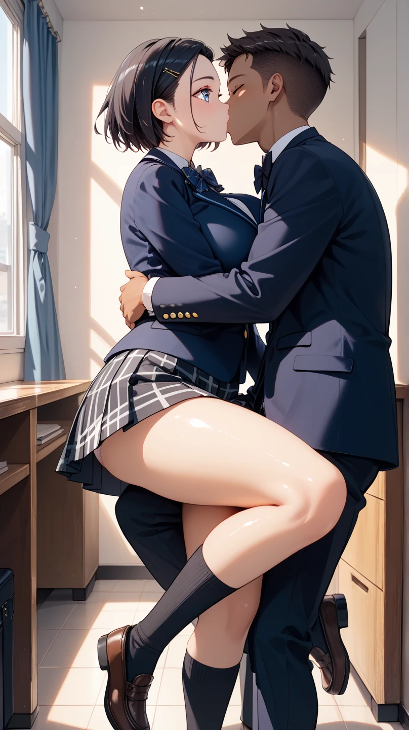 (score_9, score_8_up, score_7_up, score_6_up:1.5), (ai-generated:1.5), (Maximize Detail Slider:1.5), (Insanely Detailed:1.5), (source_anime:1.5), mona \(genshin impact\), (???????:2.0), (??????? ???????????:2.0), (impending ????:2.3) BREAK ???, (??? ???????????:2.0), black hair, green eyes, bangs, twintails, long hair, blue blazer, (looking back:2.0), ?????????, classroom, skirt down, red skirt, full-face blush, collared shirt, lust, ????, (makeup:1.3), ?????, ????????????????, (interracial:2.0), (????:1.8), (deep penetration), uncensored, (big ???:1.2)