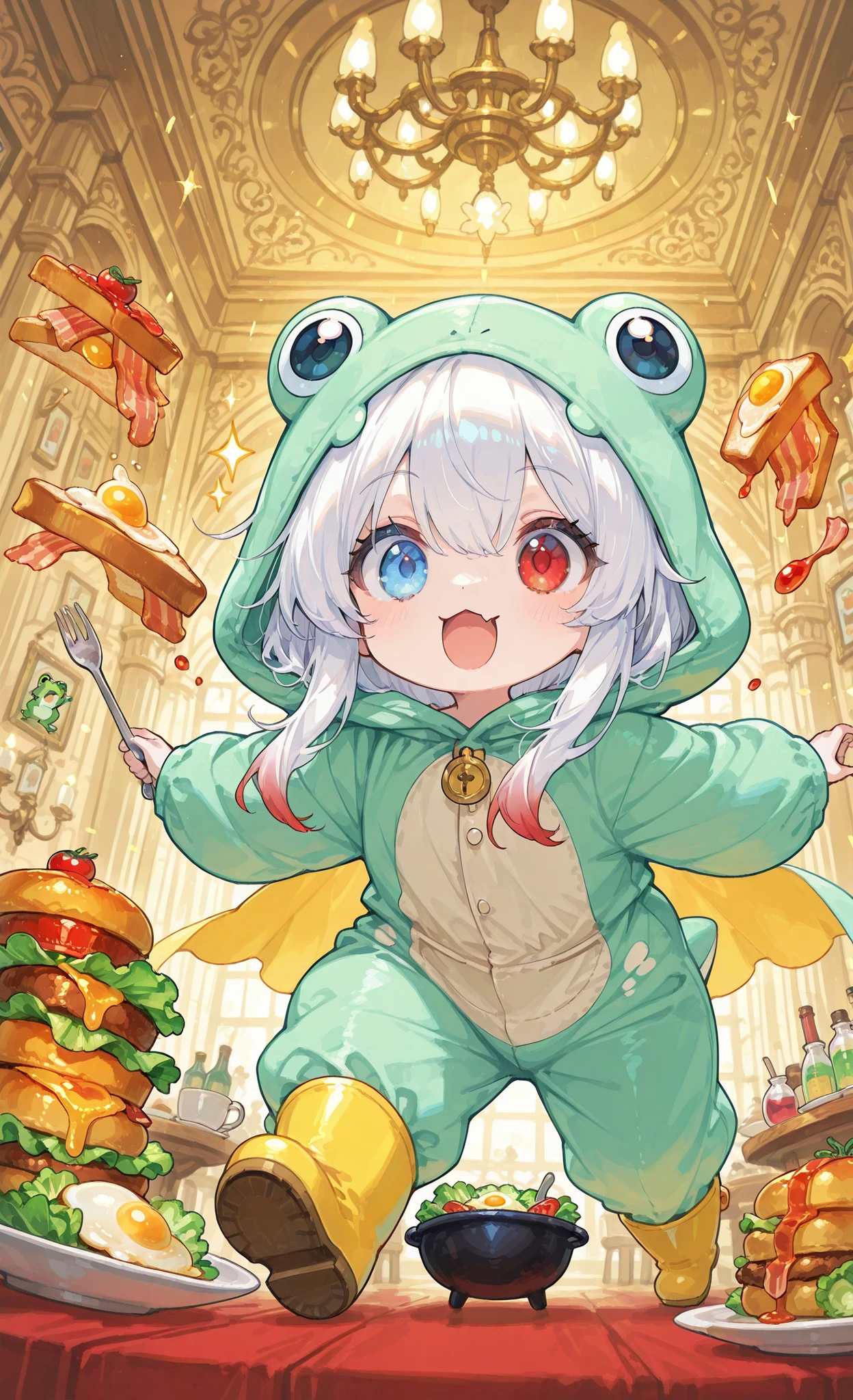 masterpiece, best quality, ultra-detailed, whimsical illustration, dynamic composition, chibi style, 1girl, solo, pure white hair with soft gradient red tips, heterochromia crimson red right eye:1.3 and ice blue left eye:1.3, fair skin, wearing bright green frog onesie with yellow cape, yellow rain boots, falling mid-air among floating food items (fried egg, toast with jam, lettuce, tomatoes, halved boiled egg, bacon, fork, spoon), elegant banquet hall background, ornate walls, grand chandelier, other guests watching in surprise, white plate at bottom, soft diffused lighting, watercolor style, light airy atmosphere, low angle perspective, chaotic falling scene, "The Best Dinner" theme
