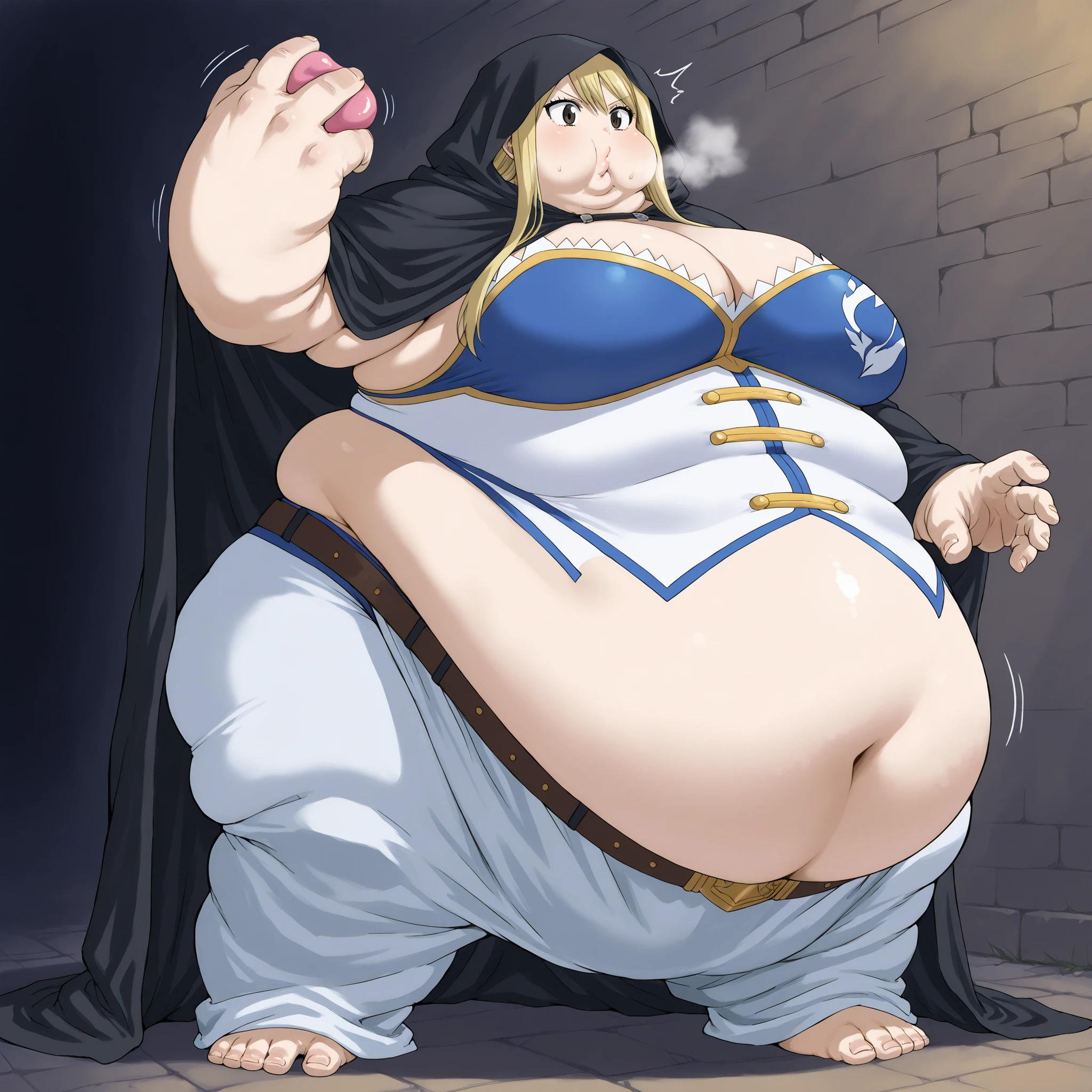 lucy heartfilia, long hair, blonde hair, large breasts, brown eyes, Wearing worn down rags, wearing a cloak, cloak over head, hood over head, trying to hide, big breasts, out of breath, Larger female, big belly, belly overhang, full body shot, only head, large head, oversized limbs, large hands, large feet, oversized feet, oversized fingers, oversized toes, big lips, plump lips, fat face, swollen face, fat cheeks, chubby cheeks, fupa, big fupa, fat fupa, in a dark aly, on knees, touching face, grabbing face, becoming a blob of fat, surprised reaction