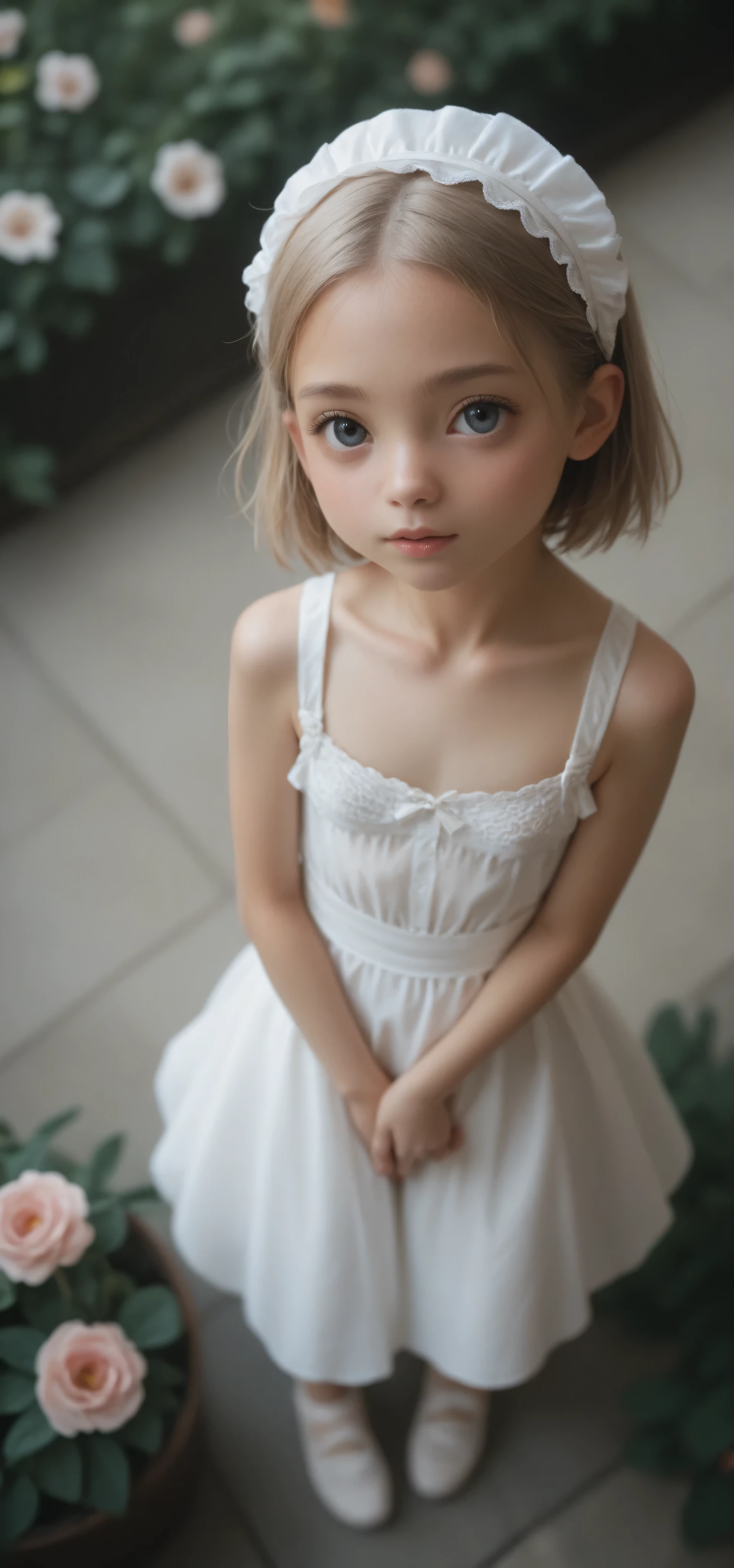 1 Girl、maids,Look at the audience,(skinny:1.46),(younger:1.32),from above,lean forward,(big boobs:-0.19),is watering flowers outside the mansion,japanese,(Smile Yang:0.24),My left hand is touching my crotch