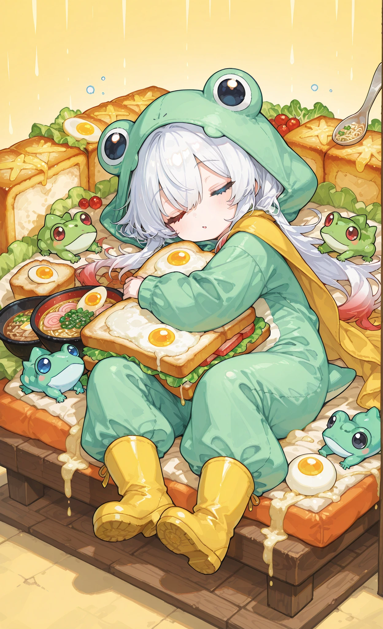 masterpiece, best quality, ultra-detailed, whimsical illustration, surreal sandwich bed, chibi style, 1girl, solo, pure white hair with soft gradient red tips, heterochromia crimson red right eye:1.3 and ice blue left eye:1.3, fair skin, wearing bright green frog onesie with yellow cape, yellow rain boots, sleeping peacefully on pillow, covered with ham slice blanket, sandwich layers: bread base, ramen noodles, sunny-side-up egg, lettuce, top bread slice, small cartoon creature with brown fur holding spoon, block of butter, angled perspective, warm soft yellow background, cozy dreamlike atmosphere, children's book illustration style, playful composition
