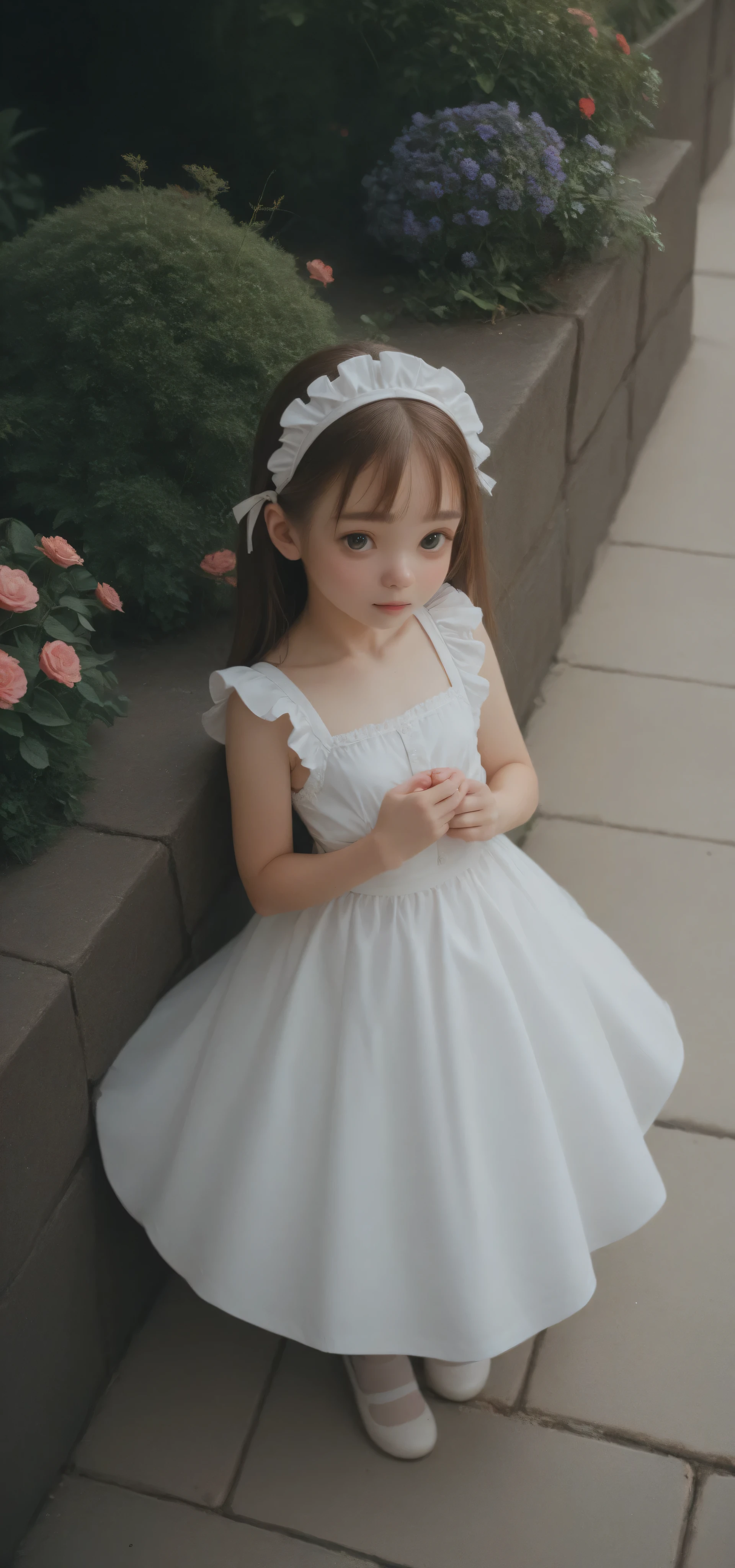 1 Girl、maids,Look at the audience,(skinny:1.46),(younger:1.32),from above,lean forward,(big boobs:-0.19),is watering flowers outside the mansion,japanese,(Smile Yang:0.24),My left hand is touching my crotch