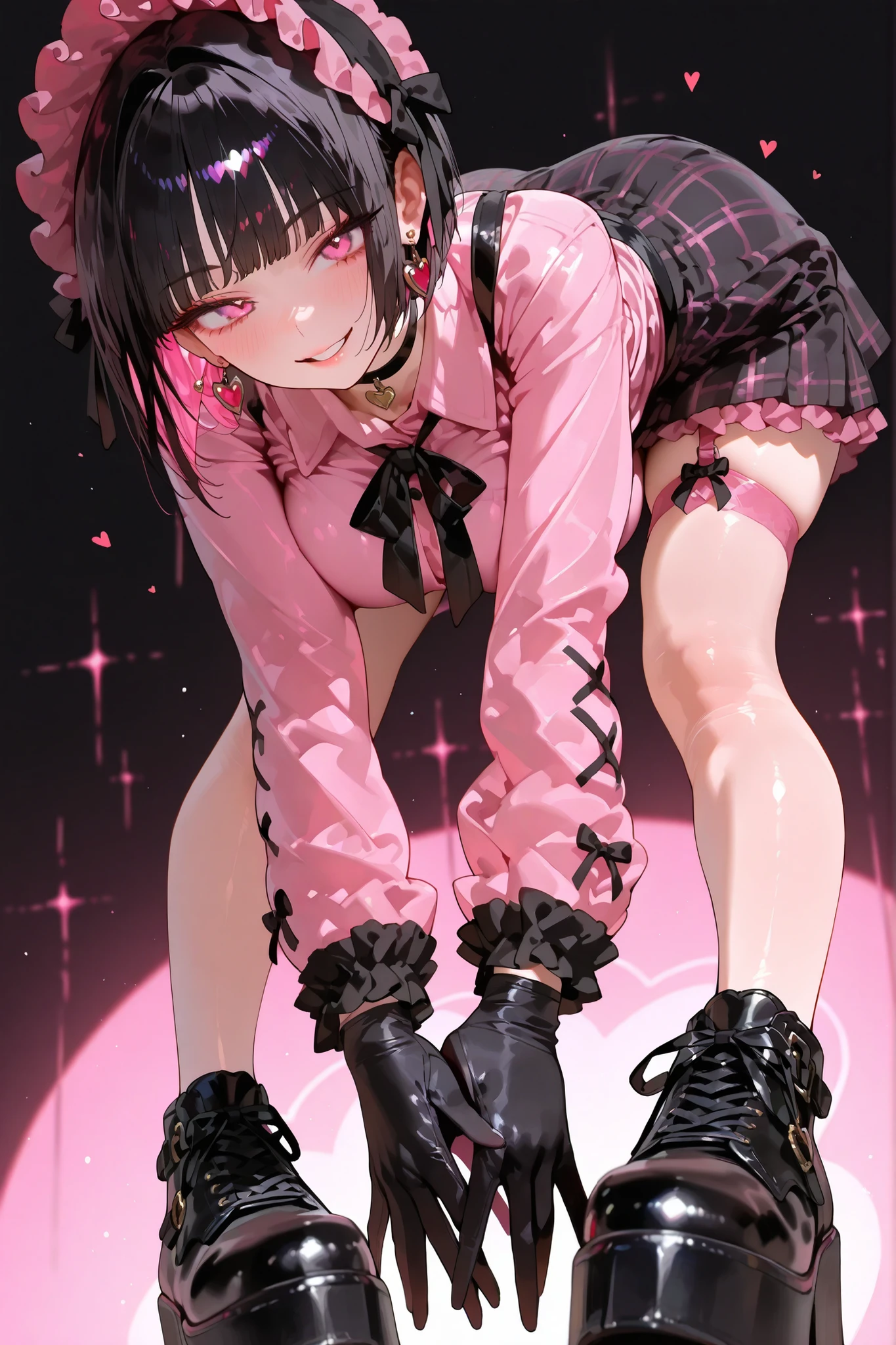 Cute girl,ladyshadow,low angle,1adult woman,solo,beautiful black hair(pink inner color),straight short cut hair(princess cut),slightly larger breasts,wide hips,pink eyes,clothes based on black and pink(Gothic Lolita Style ,pink collared shirt,Black ribbon decoration,black plaid skirt,black gloves,pink garter belt,Heart shaped earrings ,black choker,black platform sneakers ),sharp gaze,heart sign with both hands,standing leaning forward,during an all-school meeting