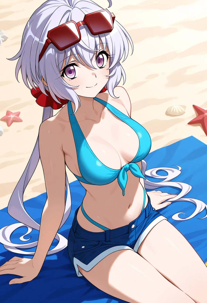 score_9, score_8_up, score_7_up, score_6_up, score_5_up, score_4_up, 
gradient background, 
refraction, caustics, rim lights, backlighting, bloom, 
BREAK
source_anime, day, outdoors, sky, beach, sand, palm tree, ocean, sunset, lens flare, 
BREAK
1girl, very long hair, white hair, twintails, spread legs, bikini, medium breasts, 
sitting, beach towel, beach umbrella, sand castle, bucket, 
<lora:Belko-v1-PDXL:1>