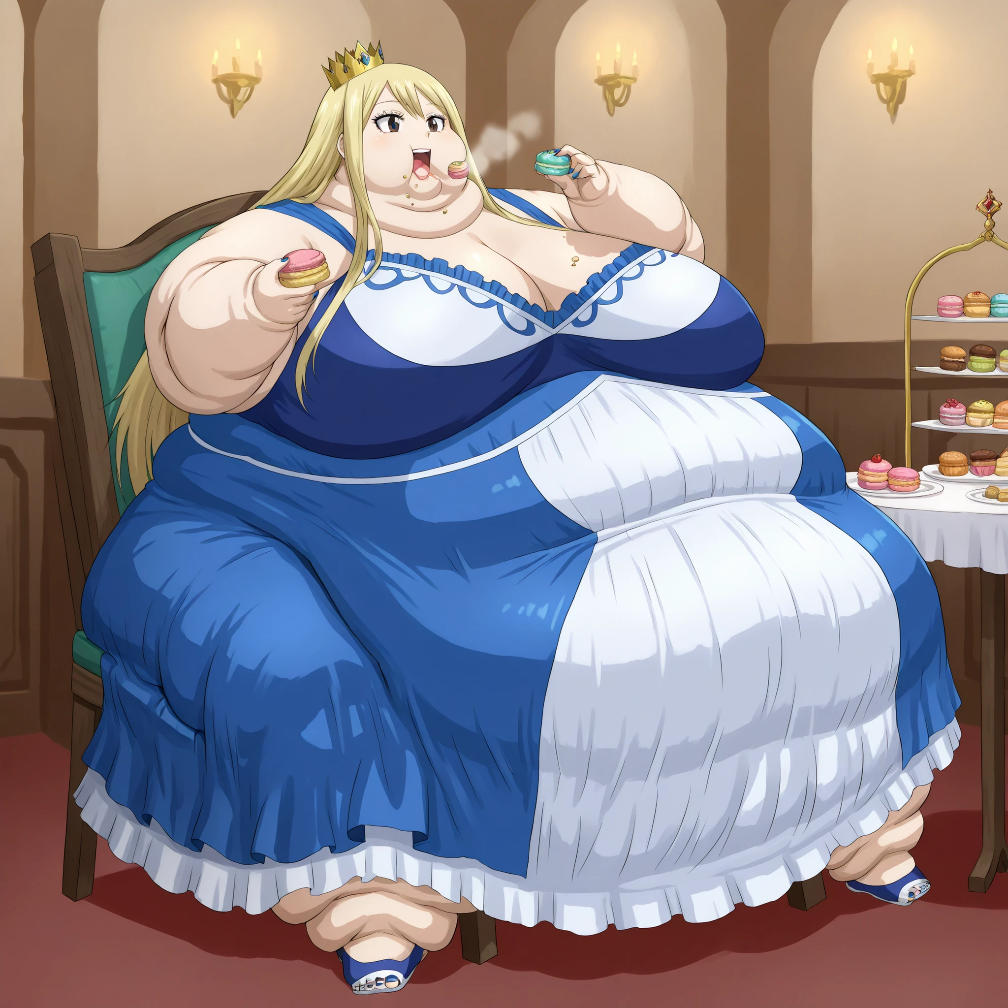 lucy heartfilia, long hair, blonde hair, large breasts, brown eyes, smile, royalty, dress, crown, makeup, lipstick, painted nails, fat, chubby, obese, fat neck, multiple chins, big breasts open mouth, out of breath, Larger female, full body shot, sitting on chair, sitting down, table, dinning room, in front of tones of food, eating macarons, eating desserts, eating food, food in mouth, force fed, force feeding, (lora:force-feeding-ponyxl-lora-nochekaiser:1>, force-feeding, feeding, forced, full mouth, food, eating), rush of food, reclining back on chair, Extremely obese　puffy puffy fat　Body Length