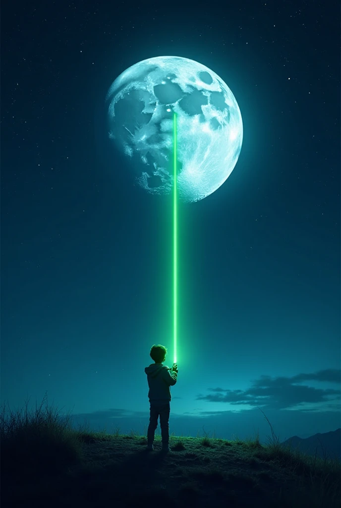 Use bright colours and create a very clear, ultra HD, realistic, 4K quality cinematic scene of a curious young person standing on Earth at night, holding a laser pointer towards the moon. The sky is filled with stars, the moon is large and glowing, and a thin green laser beam shoots toward it. 9:16 ratio.