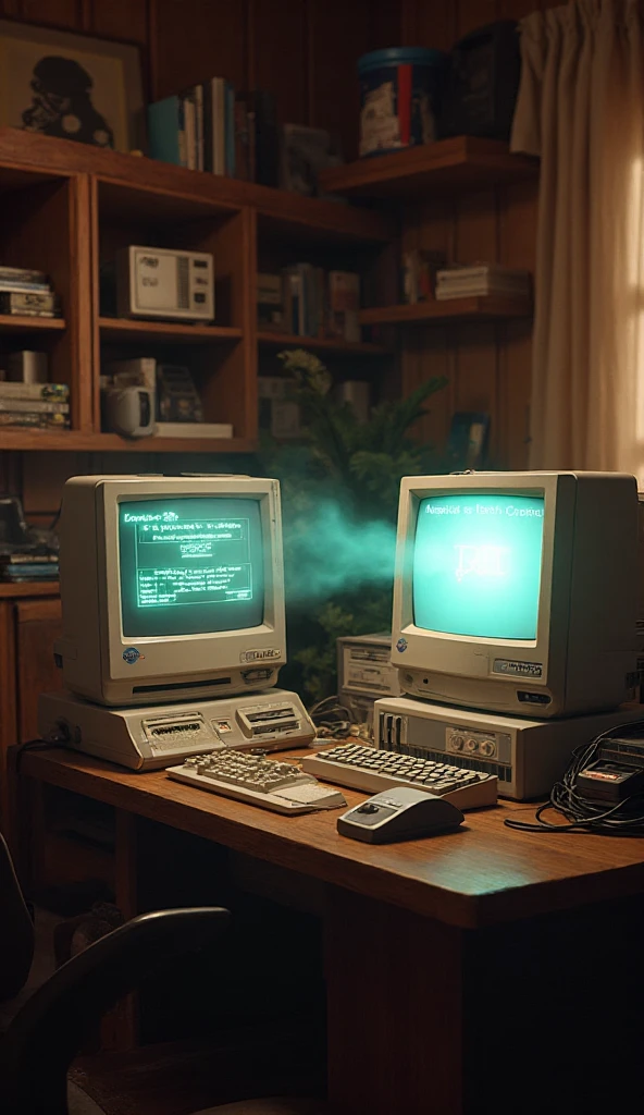 Personal computers from the 90s turning on and connecting with the ...