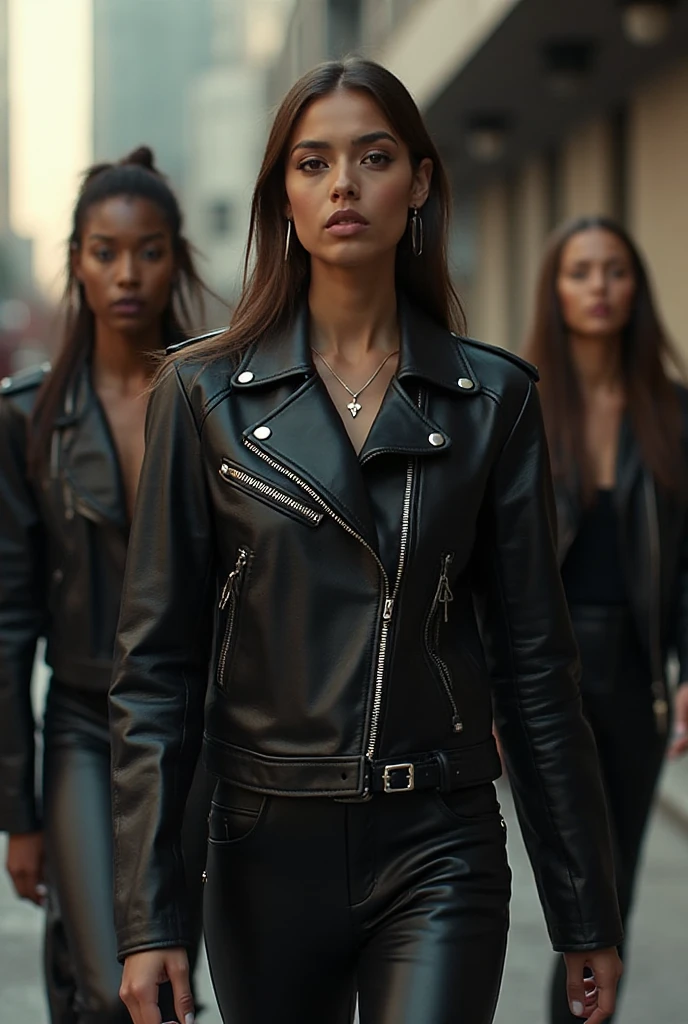 2 girls with leather jacket Michael Kors bag one kneeling and the other standing 