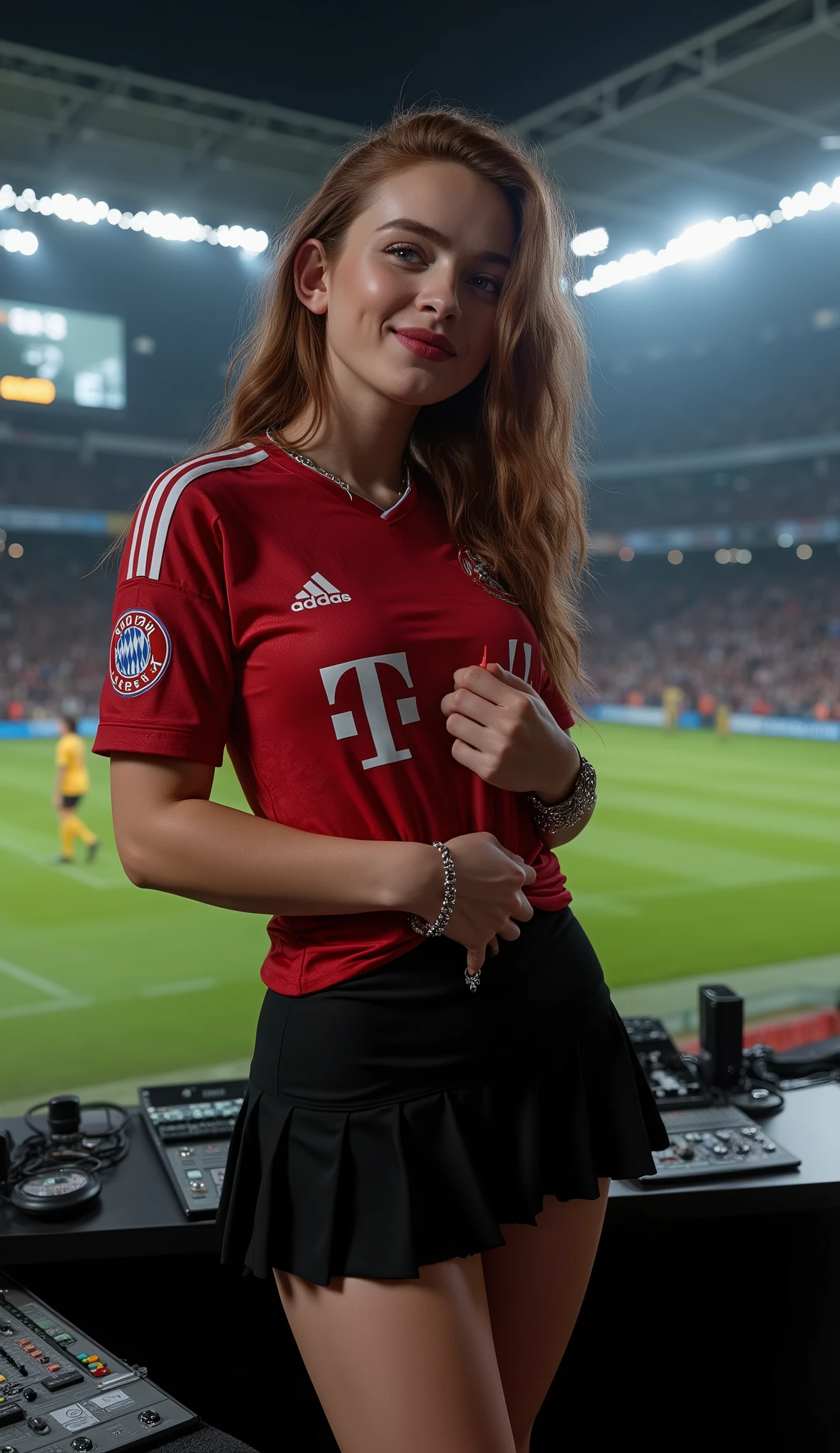 A photorealistic medium shot, taken from a slightly low angle, capturing a stunning woman + (((seductive smile))) + (((hourglass figure, Big breasts))) + (((keep the exact face details, hair details and hairstyle of the selected LoRA))), she is from the waist up. She is standing in front of a control desk with audio equipment and a monitor. Her pose is dynamic: she is leaning forward towards the camera, her right hand gripping the fabric of her soccer jersey near her left shoulder, pulling it slightly away from her body. The jersey is the latest soccer jersey of the german club BAYERN MUNICH, She also wear a black fitted mini skirt. She wears a silver chain-link necklace and a charm bracelet on her right wrist. The background is an indoor sports arena during a game, with a dark playing field marked by white lines, players in yellow and green jerseys visible in the distance, and a large crowd in the stands under a ceiling filled with bright spotlights. A digital scoreboard showing "3-3" is visible on the far side of the field. The lighting is dramatic, with strong highlights on the subject and a darker, atmospheric background.