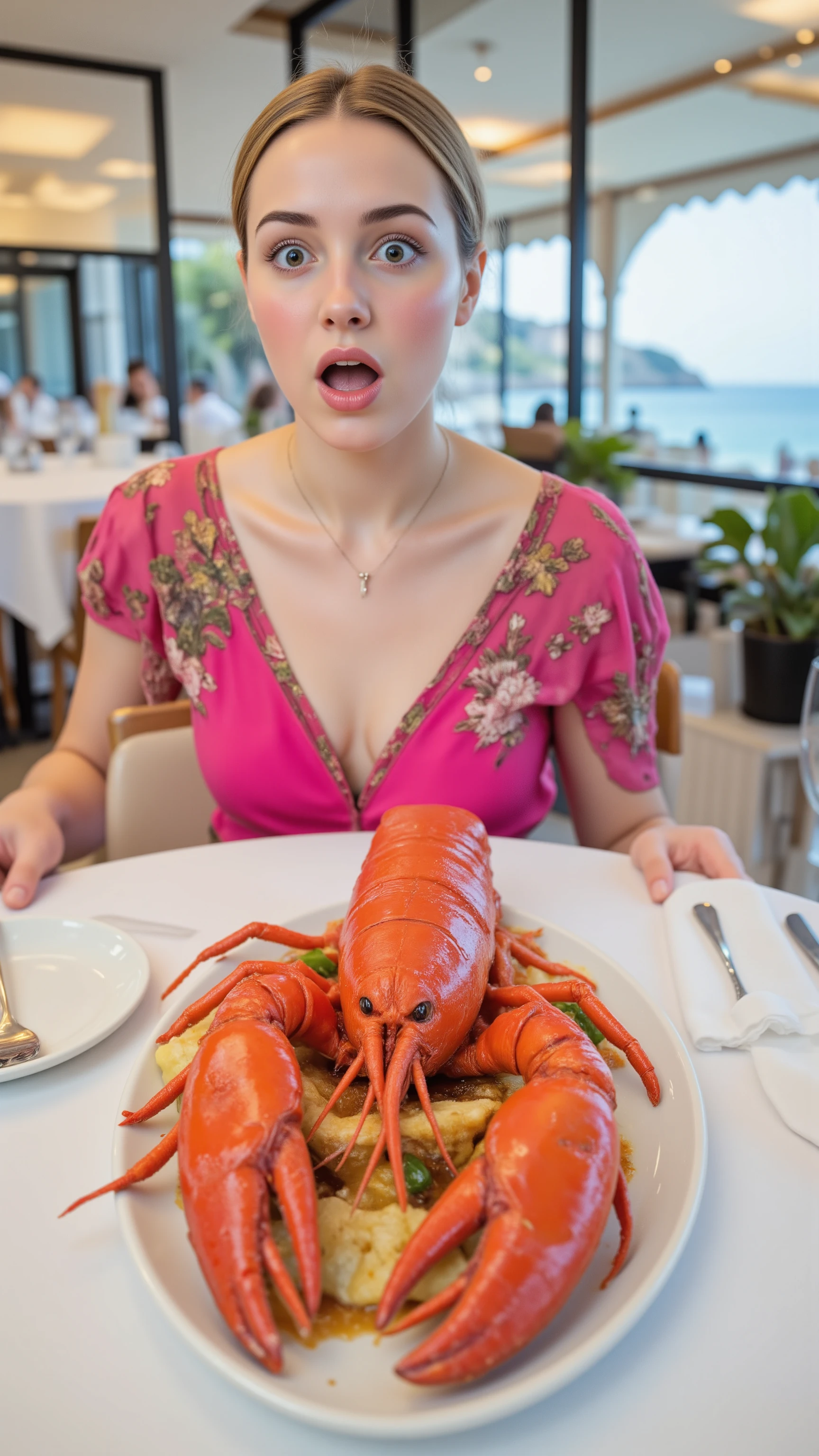 high-definition images、Seaside Mediterranean Restaurant、Large Lobster Placed on a Plate on a White Tablecloth Seat、Surprising Girl in a Pink Dress、