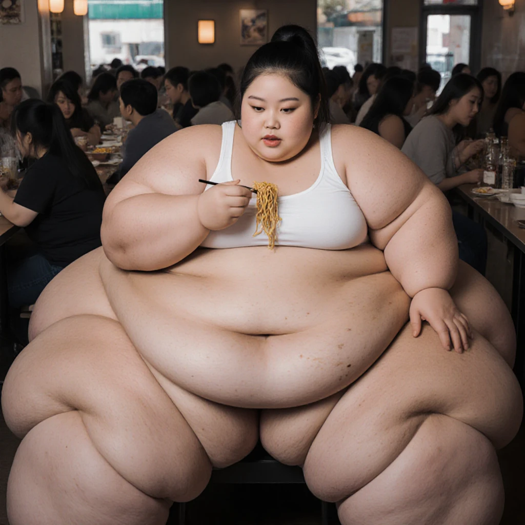 Sumo wrestler, Asian girl, black hair, ((ssbbw)), ((ussbbw)), ((obese)), ((morbidly obese)), angry expression, ((tall)), ((giantess)), ((sweaty)), ((giganticly obese thighs)), ((short perspective)), ((hair bow)), ((squatting)), ((hands on knees)), (pretty face)