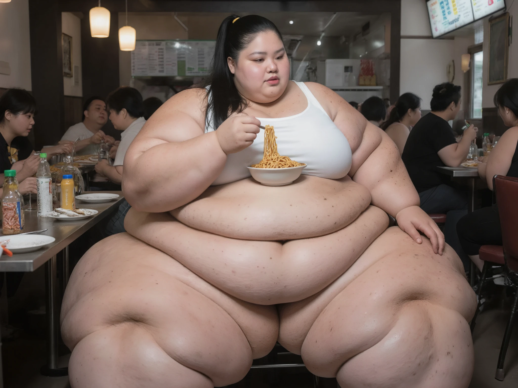 A highly detailed photorealistic photo of the most MORBIDLY OBESE, PLUS-SIZED, SSBBW, beautiful teenage woman imaginable sitting in a full body shot. She is an ultra-morbidly obese, hyper SSBBW weighing over 2000 pounds, a USBBW with fat rolls everywhere, a gigantic apron belly, enormous hips, monolithic thighs. Her body is smothered in dense fat with deep folds and dimples. Gigantic sagging breasts. Her ass is an epic overhanging mass, colossal pendulous arms, multiple thick chins, bloated hands and feet. Her face is extremely beautiful, attractive and pretty, yet profoundly fat, with plump lips, pudgy cheeks, and youthful korean features, pale skin, beautiful black hair in high ponytail. She is in a crowded restauraunt and is eating noodles. Ultra-photorealistic 8K, hyper-detailed skin with pores, cellulite, stretch marks, sweat; global illumination, shadows emphasizing fat depths, high dynamic range.