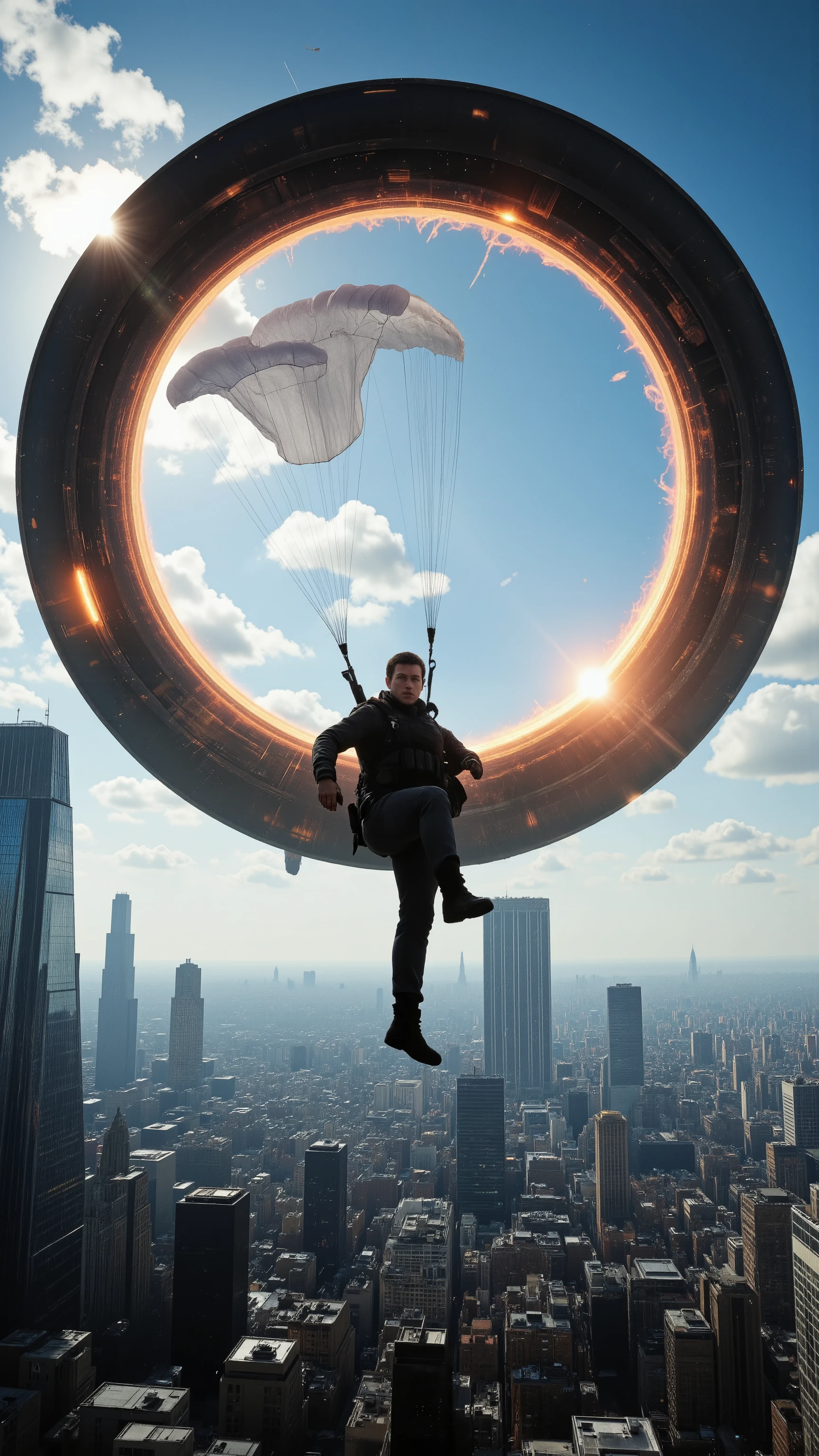 high-definition images、Mission Impossible、Ethan Hunt パラシュートで逃げ出す、when a 大きなstar gate appears over New York
