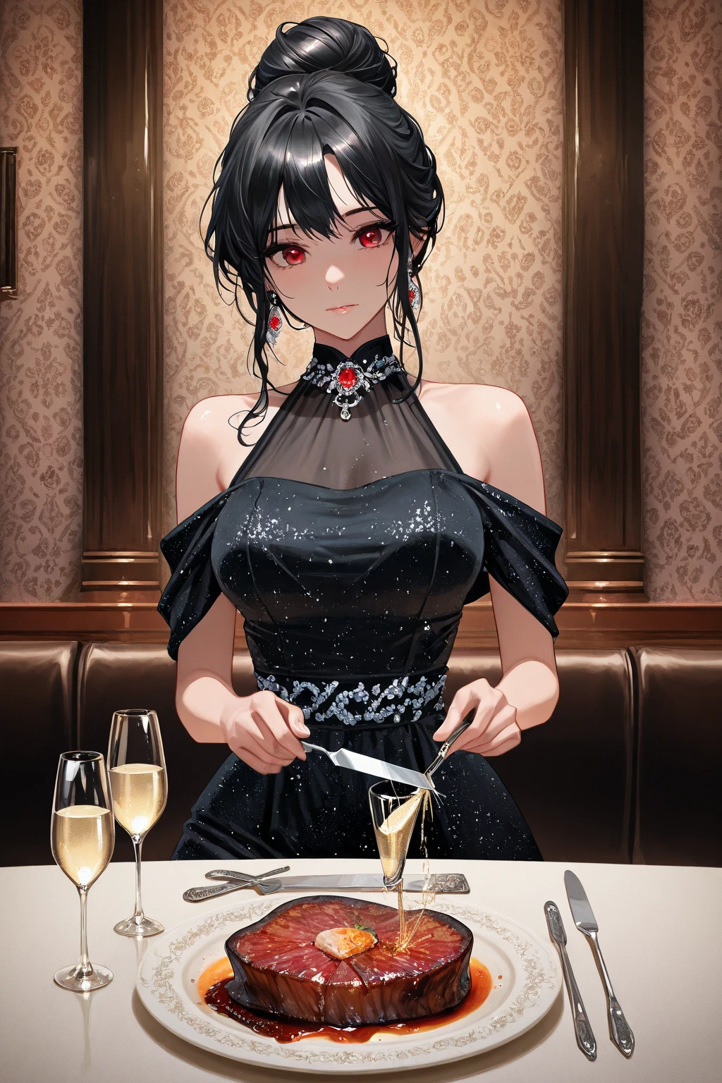 Ajof, side locks, golden hairband, hair adornments, ((Red eyes:1.5)), gold earring, Large breasts,((black hair:1.5)), 1girl, alternate costume, armlet,  shoulders, black background, black dress, black gloves, black thighhighs, large breasts, cleavage, criss-cross halter,  dress, drinking glass, flower, gloves, gradient background, halterneck,  large breasts,looking at viewer, purple short nails,  gloves, solo, thighhighs, thighs, long hair, ((masterpiece)) pleated purple skirt, sitting,
