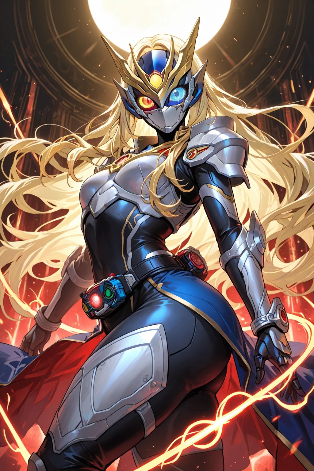 （masterpiece、8K、Ultra-delicate、hight resolution），(((Female Ultraman)))，(((No muscles，large Boob)))，(her head is tapering,The body is made of red and silver，blue armor,The arms present a streamlined design，On the  there is a round calculator，Looks tall and thin，The overall shape is streamlined、Modern)，posed for photo，high-angle，city ruins，backgroung details，（（（full body Esbian））），独奏，(((Huge feeling))),NSFW,Cameltoe,(Dynamic victory Pose:1.2),from below,groin focus,the morning sun,(Erect :1.3),((Open :1.5)),(wet :1.1),(long silver hair:1.1),red blush,smile、Attaching a cloak