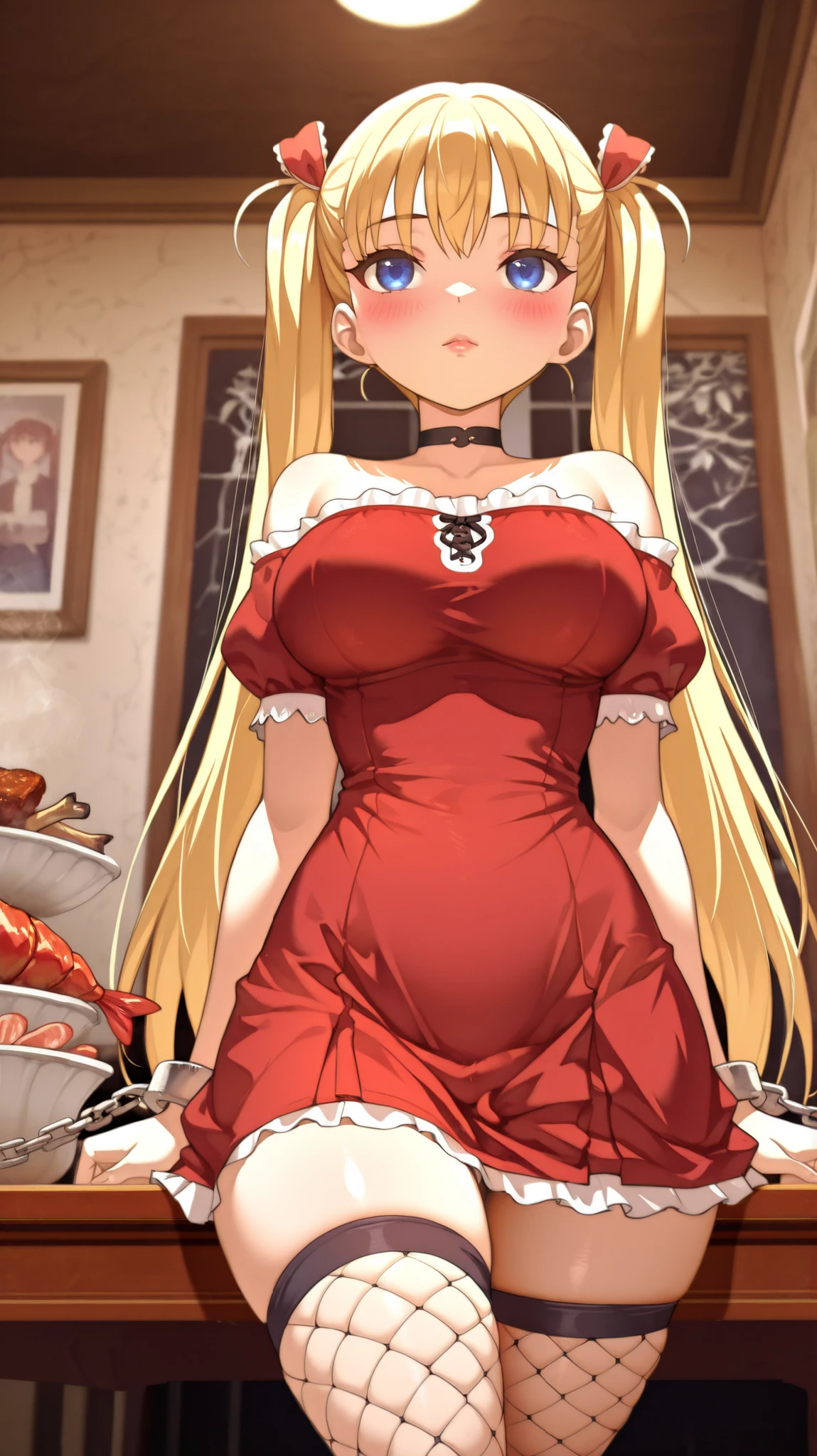 airi akizuki \(oni chichi\) a young girl in a seductive pose, wearing a off-the-shoulder dress and fishnet stockings. the image also shows a soft, a 1girl, when she sits on a chair, at the table , there are a lot of delicious dishes on the table: salads , grilled meat , open lobster, desserts, and champagne looking directly at the viewer with a sultry expression. POV shot,she has blonde hair styled in a long, wavy manner and blue eyes. her body is slim, and she is wearing fishnet thigh-high stockings that accentuate her curves. she has a black choker around her neck. Background shows a lavish ballroom with marble columns, the lighting is soft and warm, creating a sensual atmosphere. 1girl, solo, unrivaled beauty, whole body, petite build, bangs, hair ribbon, blush, very long hair, eyebrows visible,twintails, large breasts, handcuffs with long chain, shackles, thighs, slim hips, slim figure, slim waist, big eyes, vivid eyes, good-looking, steaming body, young seductress, lips, young little woman, dramatic angle, clothing texture, detailed eyes, beautiful face, beautiful girl, beautiful body, beautiful hair, Masterpiece, very aesthetic, perfect composition, ((detailed eyes)), (highly detailed), ((Best quality :1.2)),((Detailed :1.5)),((Detailed background :1.5)). (HD eyes:1.4), ((4k,8k,Ultra HD)), {perfect body},(highly detailed), (oldschool style), 2000s (style),