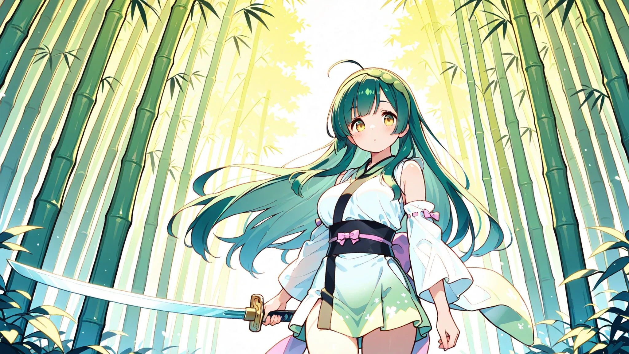 Tohoku Zunko、Holding a Japanese sword、Bamboo forest background、Traditional Outfit、AMAZING SWORD DETAILS、Dynamic Pose、 Lush Bamboo Grove 、natural light、tree々Sunlight shining through {x}、Artistic composition、Deep Shadow、clear texture 、high definition、masterpiece、professional quality、8K quality、anime style、Beautiful Lighting Effects、GREEN AND GOLD TONE、Traditional Japanese Aesthetics、exquisite details、Sharp Outline、bamboo swaying in the wind