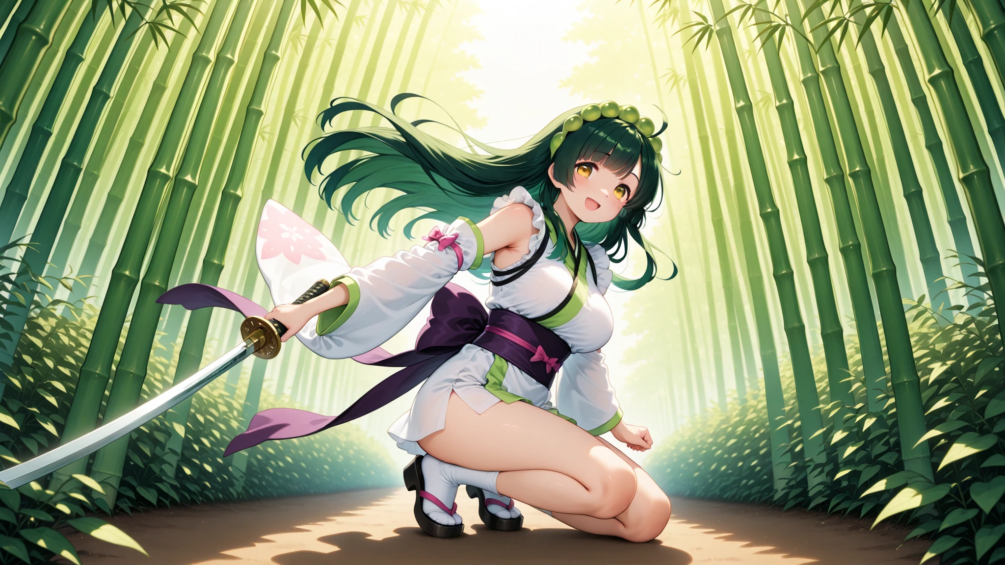 Tohoku Zunko、Holding a Japanese sword、Bamboo forest background、Traditional Outfit、AMAZING SWORD DETAILS、Dynamic Pose、 Lush Bamboo Grove 、natural light、tree々Sunlight shining through {x}、Artistic composition、Deep Shadow、clear texture 、high definition、masterpiece、professional quality、8K quality、anime style、Beautiful Lighting Effects、GREEN AND GOLD TONE、Traditional Japanese Aesthetics、exquisite details、Sharp Outline、bamboo swaying in the wind