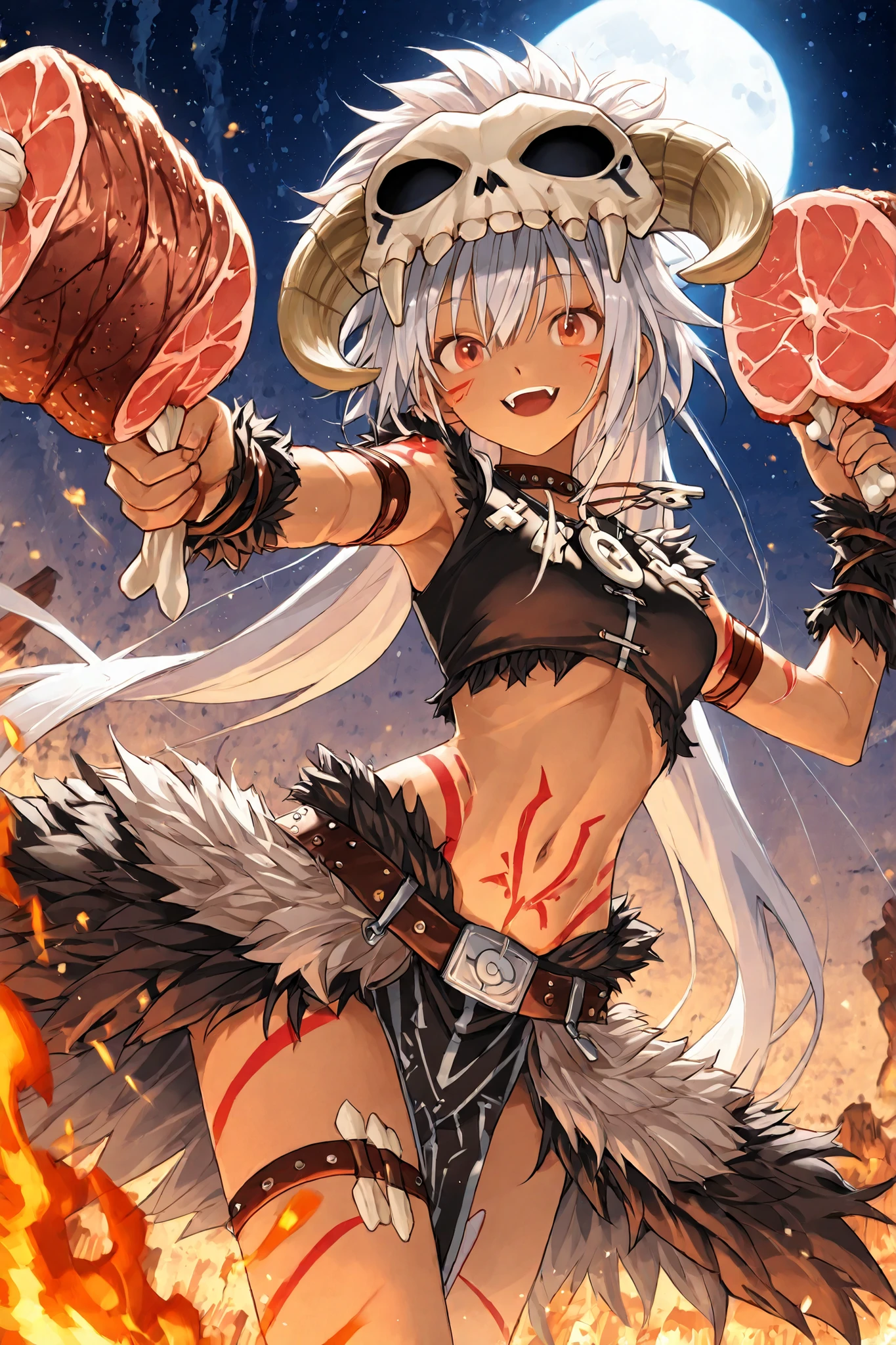 masterpiece,最High Quality,Super Detailed,High Quality、score_9、score_8_up、score_7_up、masterpiece、High Quality、Super Detailed、、High Quality、最High Quality、anime style、dynamic angle、Dynamic Pose、solo、biologically accurate、masterpiece、 ((骨付き巨大eats meat原始時代の女の子))、full body、1 Girl( muscular body、Brown Skin、body and face tattoos、Primitive girl、((grabbing meat bones with hands))、 eats meat、 It sticks to the meat、 Silver Hair、Super long hair、((Primitive Fur Costumes、 skull helmet)、Primitive Food、fangs necklace、 body and face tattoos、Stone Ageの狩猟民族、Smiling Yang)、masterpiece、最High Quality、Super Detailed、Outdoors、Stone Age、Prehistoryの風景、 full moon、moonlight、Bonfire、Whole roasted meat、tribal festival、、giant meat with bones 、Bonfireの暖かさ、Bonfireの煙、cowboy shot、Action Pose、dynamic composition、bright color、realistic、Exquisite Explanation、 3d Effects 、Ancient World 、Prehistory、、from below