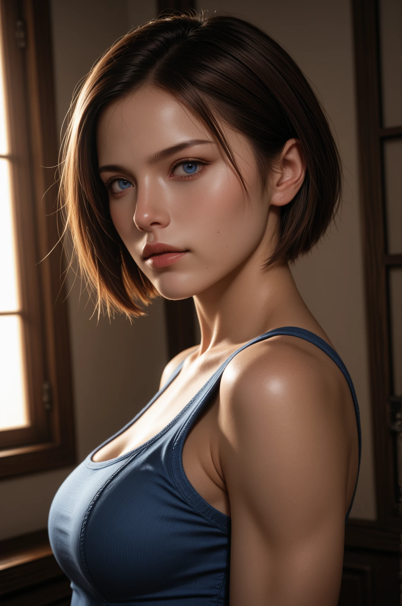 Skin Tight Top:1.2, Looking at Viewer, Cinematic lighting, Perfect, softlight, High resolution skin:1.2, Realistic skin texture, 30 years old mature woman、a small face、no-makeup、, off shoulders, B Cup、  , Blue eyes, Short hair, dark brown  hair、、Gray background、