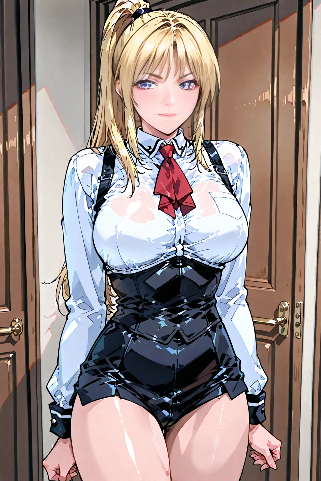 masterpiece, best quality, integr hellsing, integra, 1girl, solo, white pants, long sleeves , sitting, |{{{smug}}}, smug expression,  head tilt, looking to the side, , ,  boob window,  , arms at side, arms behind back, Detailed face, Detailed blue eyes, Detailed face, blue eyes, perfect eyes, perfect face, arms behind back, looking at viewer 