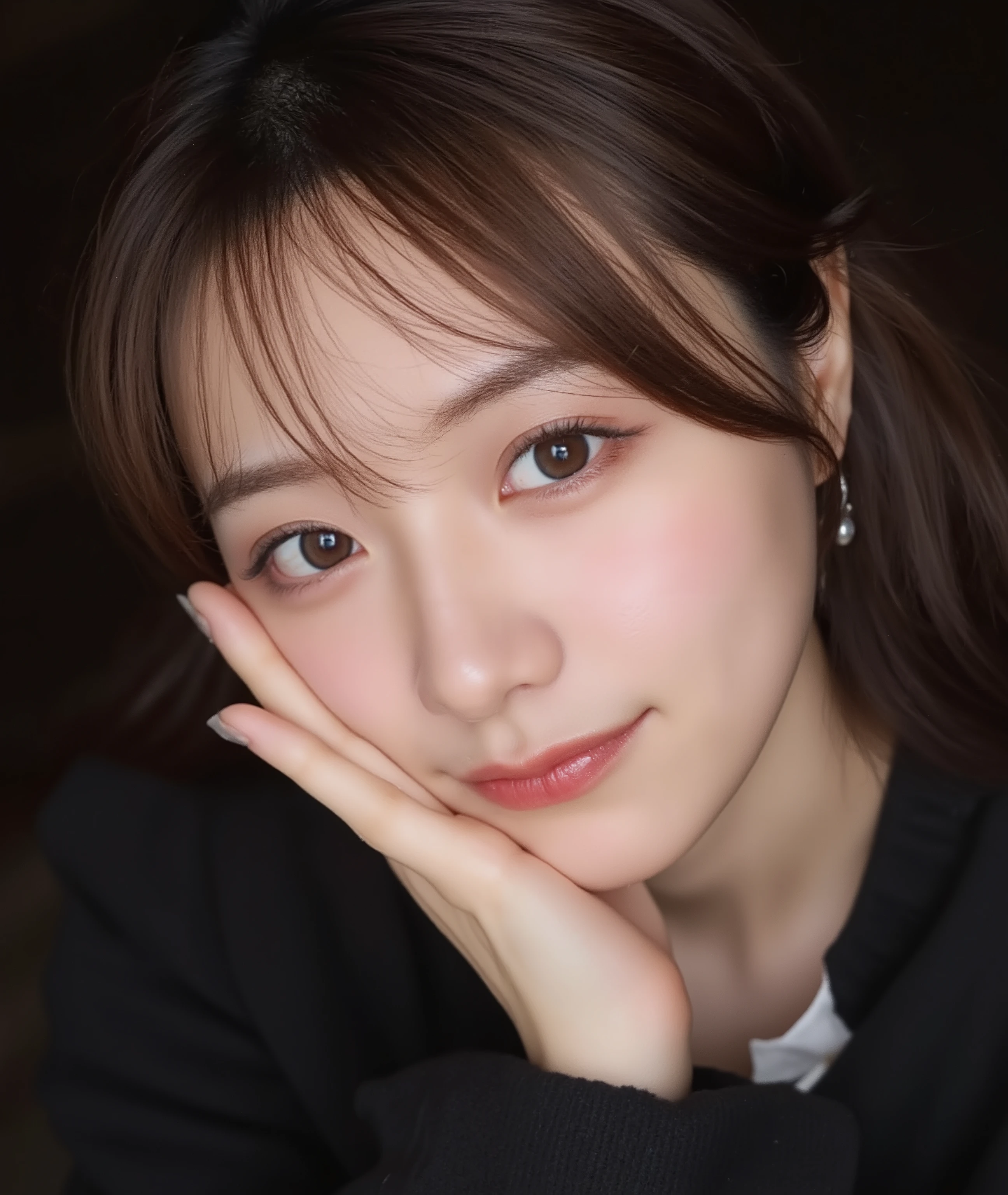 The image is a close-up photograph of a young Asian woman with a fair complexion. Her face dominates the frame, occupying the majority of the image, with her eyes, nose, and lips prominently visible. She has large, almond-shaped eyes with long, thick eyelashes, and her skin is smooth and soft. Her lips are full and slightly parted, revealing a natural, rosy hue. She wears a small silver stud earring in her left ear, adding a subtle touch of personal style.

Her hair is long, dark brown with subtle highlights, and it partially covers her forehead, giving a slightly tousled, casual look. The background is out of focus, but it appears to be a dark, possibly indoor setting, which emphasizes her face and provides a stark contrast to her light complexion. She is wearing a black garment, possibly a top or a sleeve, which is visible at the bottom of the image. The overall mood of the photograph is intimate and personal, capturing a candid moment with a natural, unfiltered aesthetic.