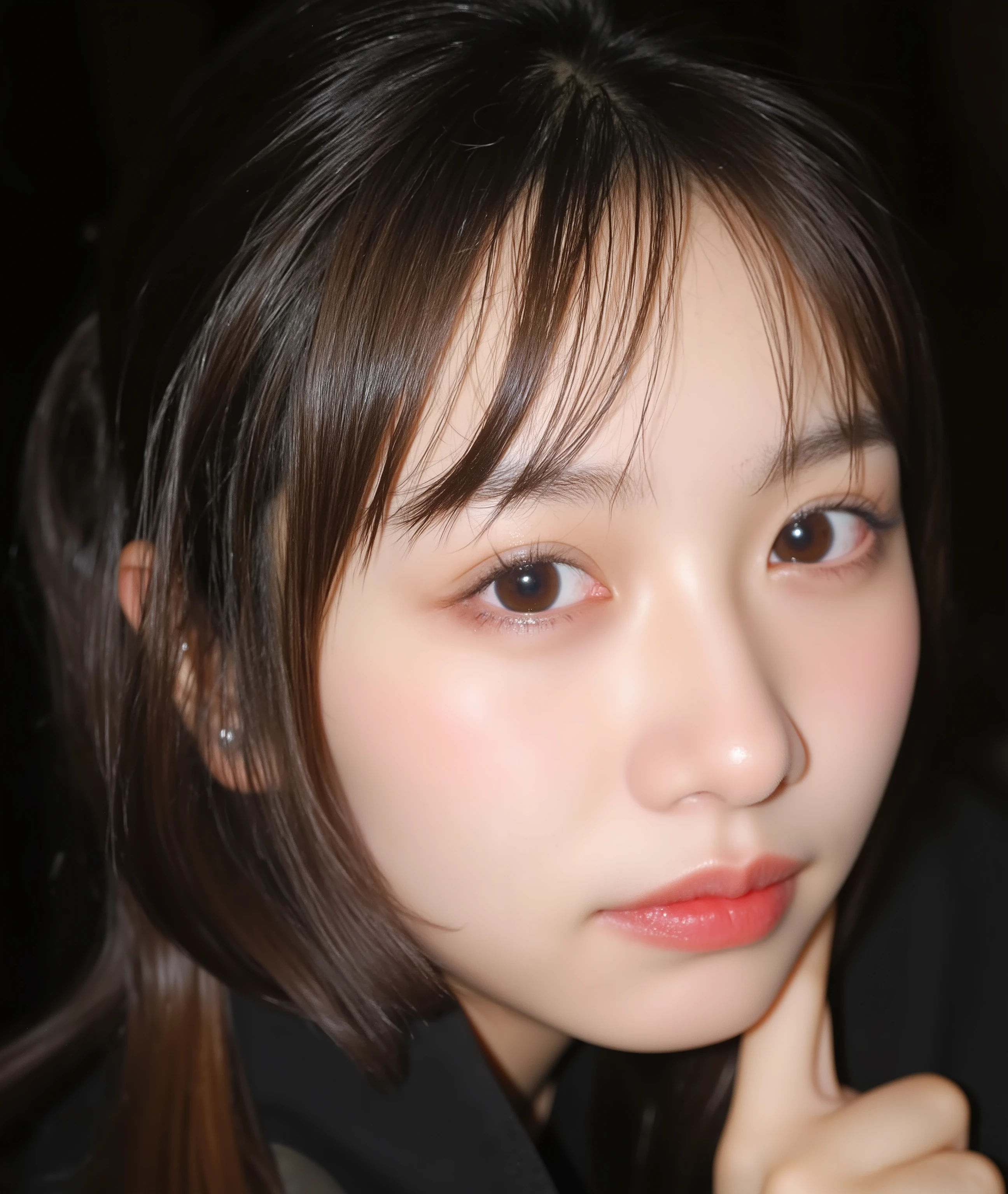 The image is a close-up photograph of a young Asian woman with a fair complexion. Her face dominates the frame, occupying the majority of the image, with her eyes, nose, and lips prominently visible. She has large, almond-shaped eyes with long, thick eyelashes, and her skin is smooth and soft. Her lips are full and slightly parted, revealing a natural, rosy hue. She wears a small silver stud earring in her left ear, adding a subtle touch of personal style.

Her hair is long, dark brown with subtle highlights, and it partially covers her forehead, giving a slightly tousled, casual look. The background is out of focus, but it appears to be a dark, possibly indoor setting, which emphasizes her face and provides a stark contrast to her light complexion. She is wearing a black garment, possibly a top or a sleeve, which is visible at the bottom of the image. The overall mood of the photograph is intimate and personal, capturing a candid moment with a natural, unfiltered aesthetic.