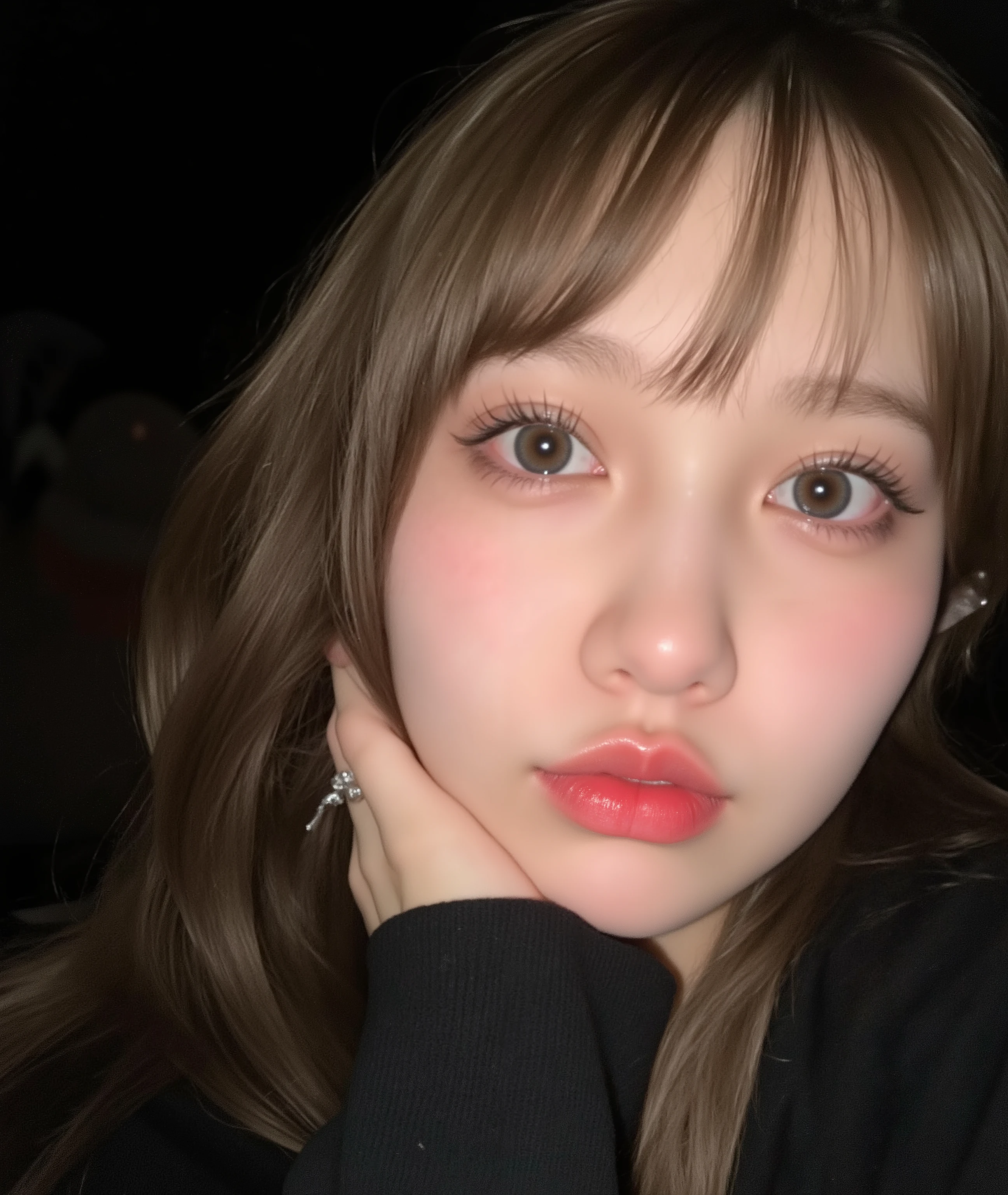 The image is a close-up photograph of a young Asian woman with a fair complexion. Her face dominates the frame, occupying the majority of the image, with her eyes, nose, and lips prominently visible. She has large, almond-shaped eyes with long, thick eyelashes, and her skin is smooth and soft. Her lips are full and slightly parted, revealing a natural, rosy hue. She wears a small silver stud earring in her left ear, adding a subtle touch of personal style.
Her hair is long, dark brown with subtle highlights, and it partially covers her forehead, giving a slightly tousled, casual look. The background is out of focus, but it appears to be a dark, possibly indoor setting, which emphasizes her face and provides a stark contrast to her light complexion. She is wearing a black garment, possibly a top or a sleeve, which is visible at the bottom of the image. The overall mood of the photograph is intimate and personal, capturing a candid moment with a natural, unfiltered aesthetic.