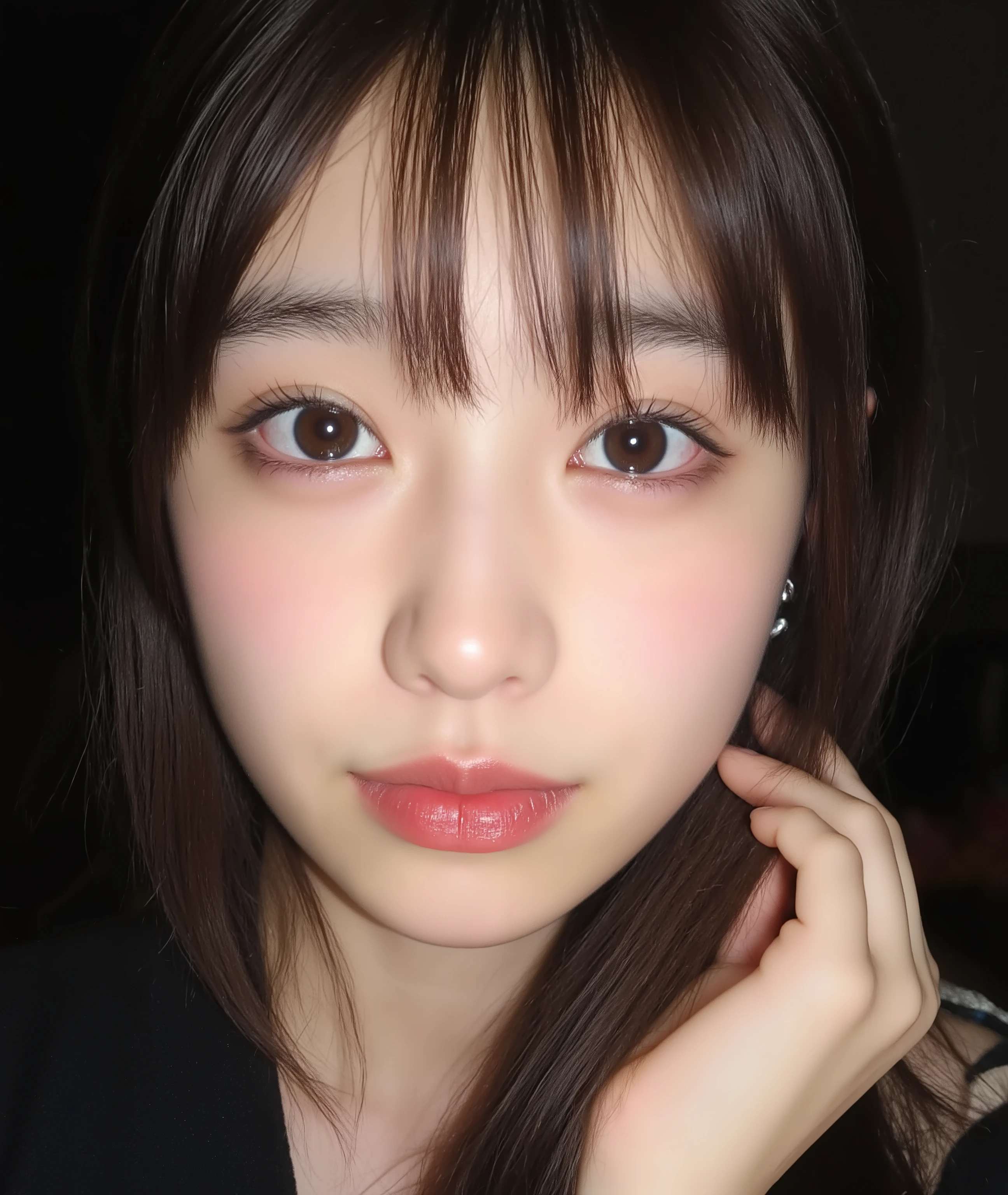 The image is a close-up photograph of a young Asian woman with a fair complexion. Her face dominates the frame, occupying the majority of the image, with her eyes, nose, and lips prominently visible. She has large, almond-shaped eyes with long, thick eyelashes, and her skin is smooth and soft. Her lips are full and slightly parted, revealing a natural, rosy hue. She wears a small silver stud earring in her left ear, adding a subtle touch of personal style.
Her hair is long, dark brown with subtle highlights, and it partially covers her forehead, giving a slightly tousled, casual look. The background is out of focus, but it appears to be a dark, possibly indoor setting, which emphasizes her face and provides a stark contrast to her light complexion. She is wearing a black garment, possibly a top or a sleeve, which is visible at the bottom of the image. The overall mood of the photograph is intimate and personal, capturing a candid moment with a natural, unfiltered aesthetic.